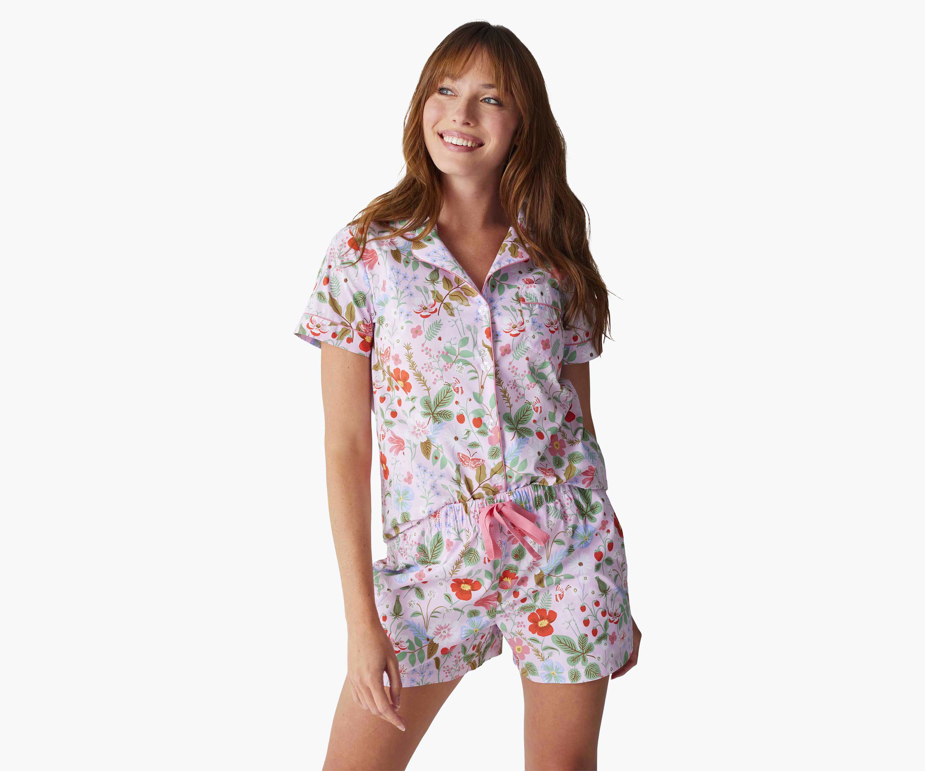 Poplin Button Front Short Set - Strawberry Fields