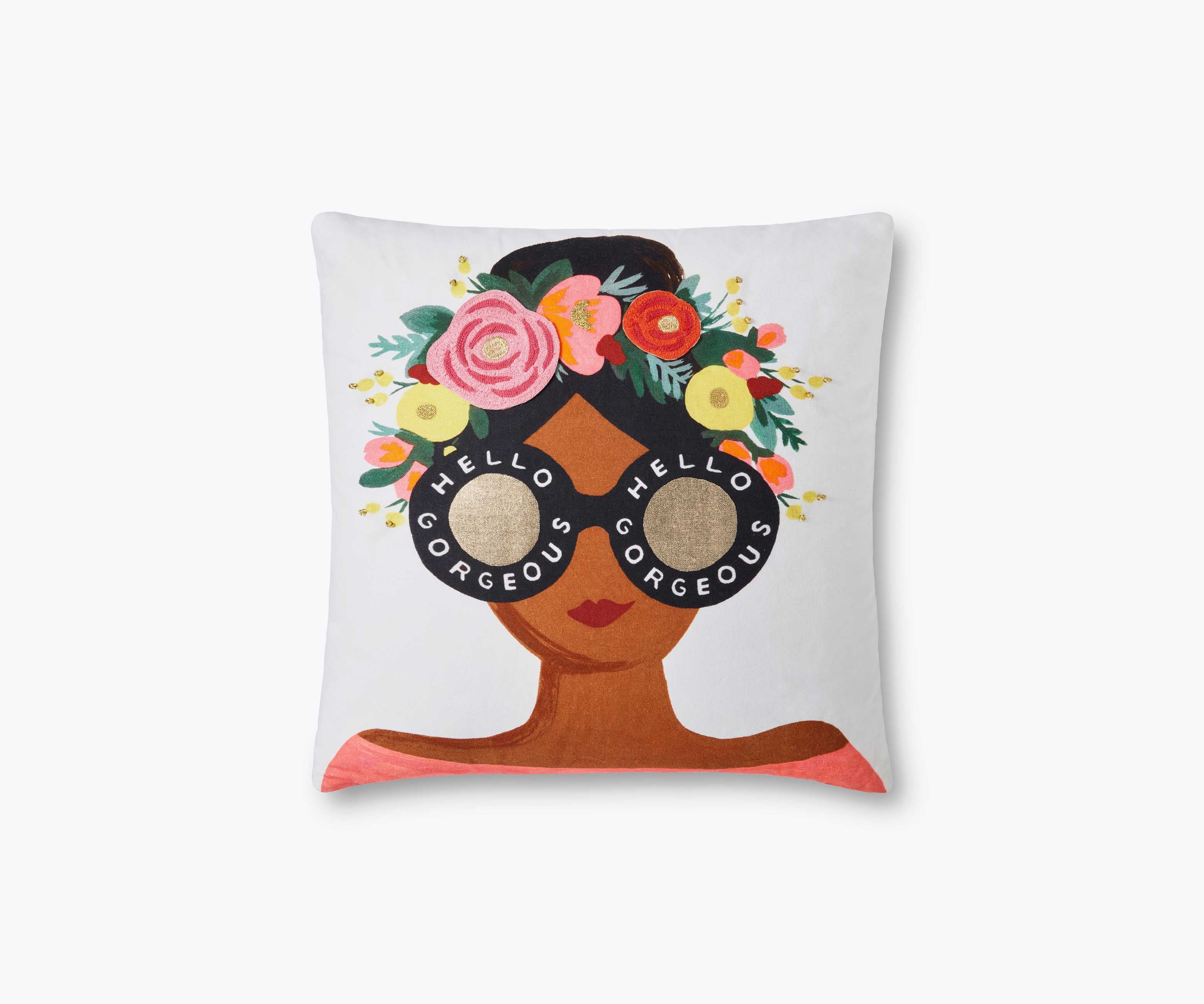 Flower Crown Gorgeous Girl Embroidered Pillow - Multi