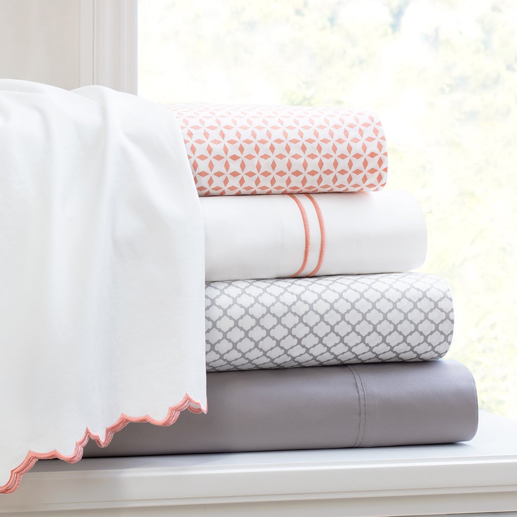 Coral Scalloped Embroidered Sheet Set (Fitted, Flat, & Pillow Cases)