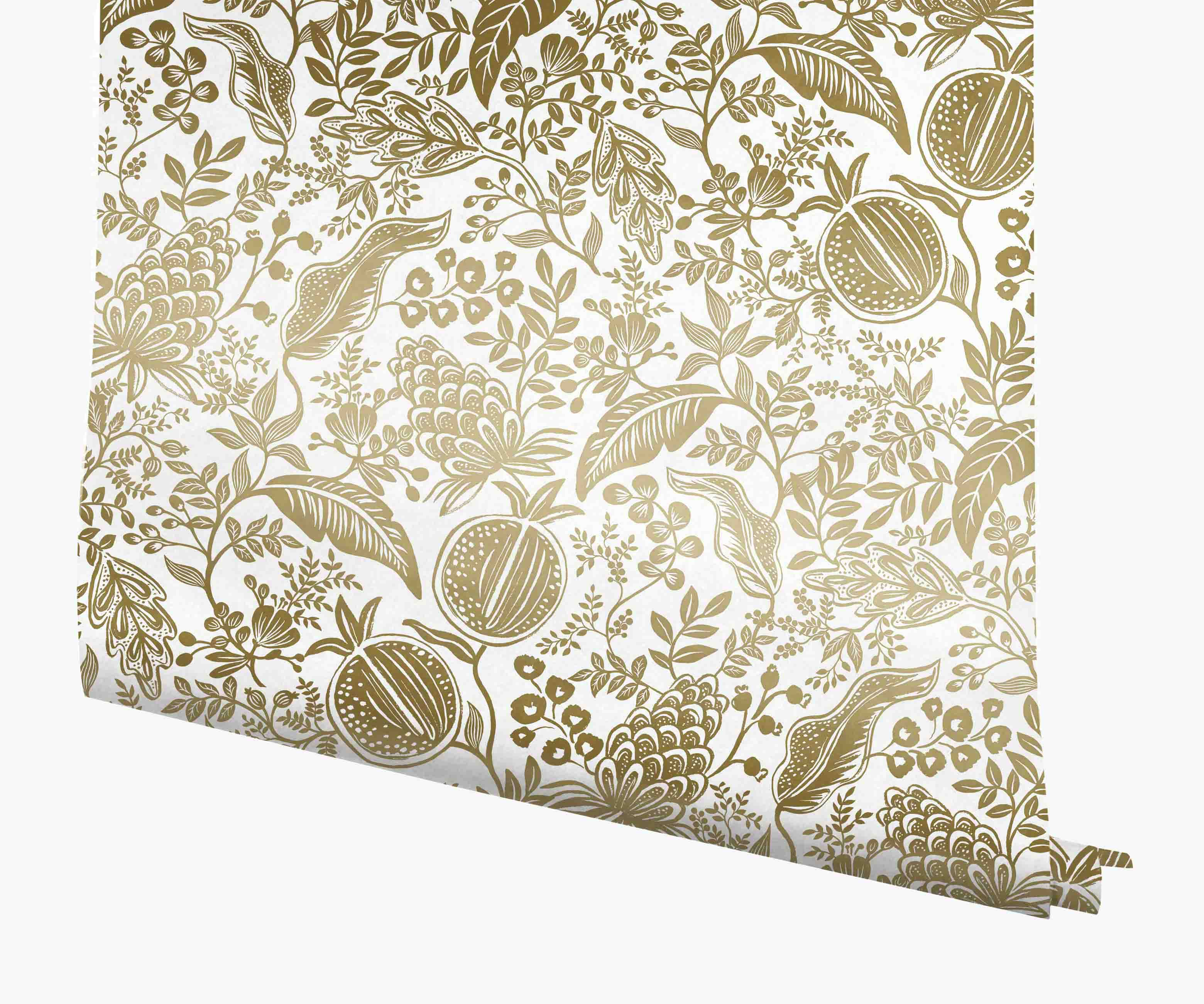 Pomegranate Wallpaper - White & Metallic Gold