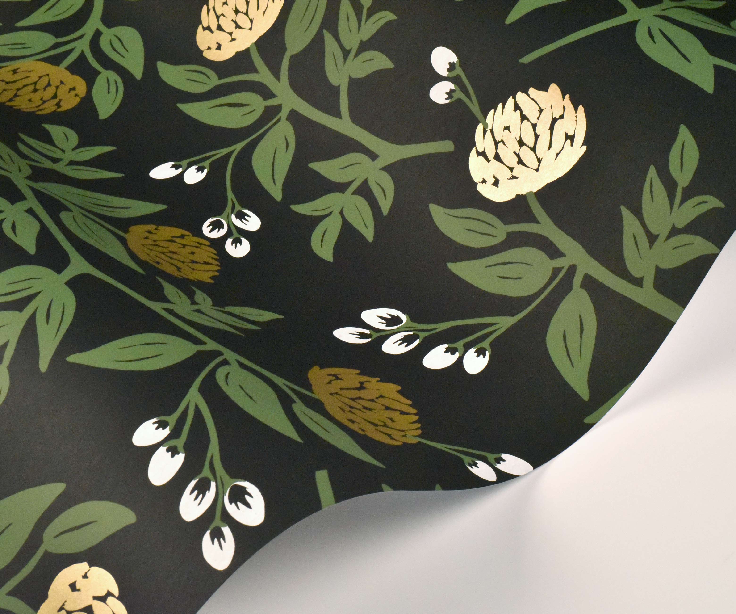 Peonies Wallpaper Sample - Black & Metallic Gold