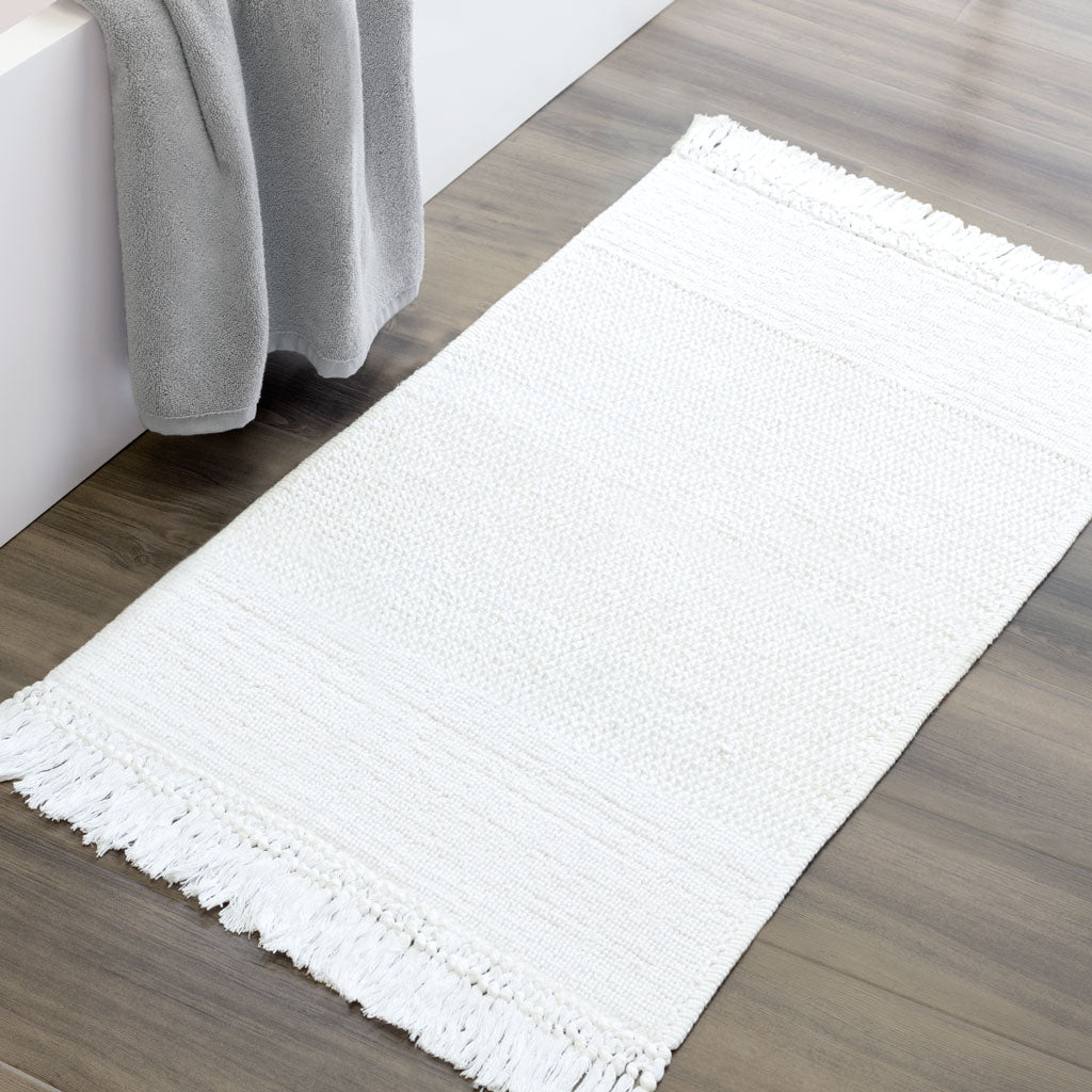 The White Fringed Textured Bath Mat