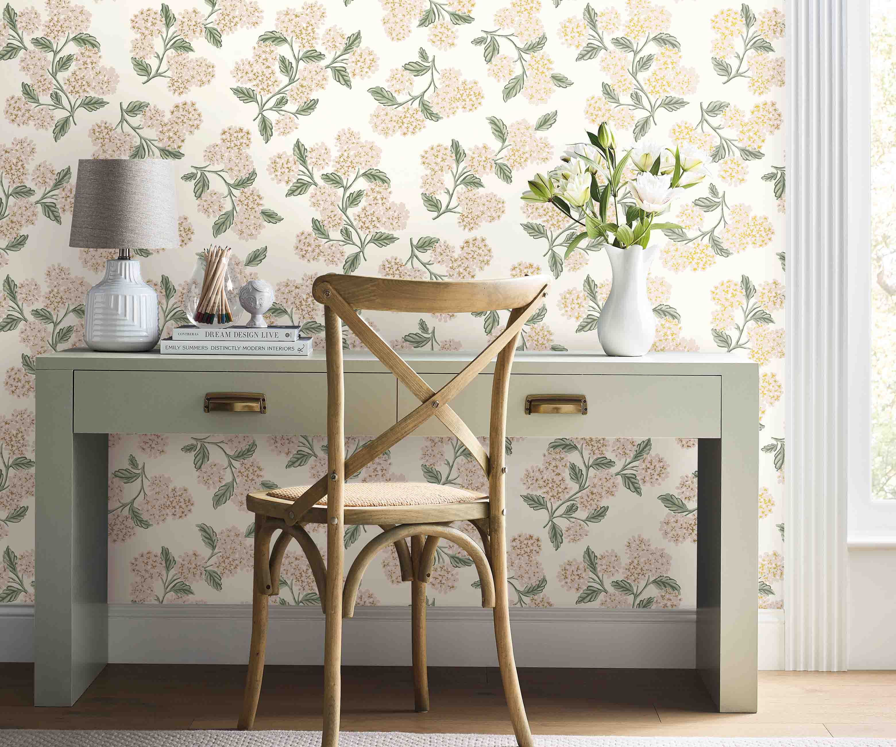 Hydrangea Wallpaper Sample - White & Blush