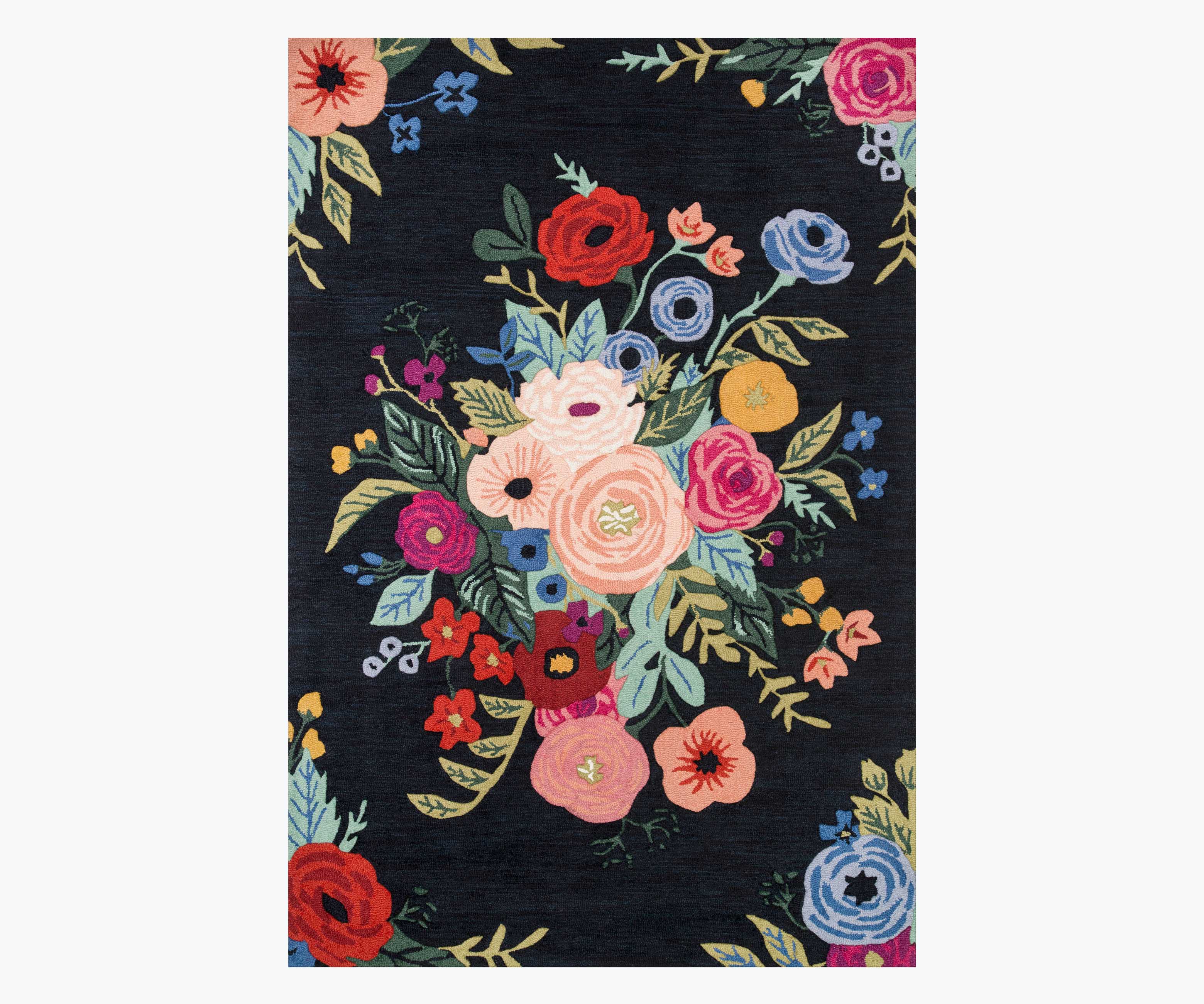 Les Fleurs Juliet Rose Bouquet Wool-Hooked Rug - Black