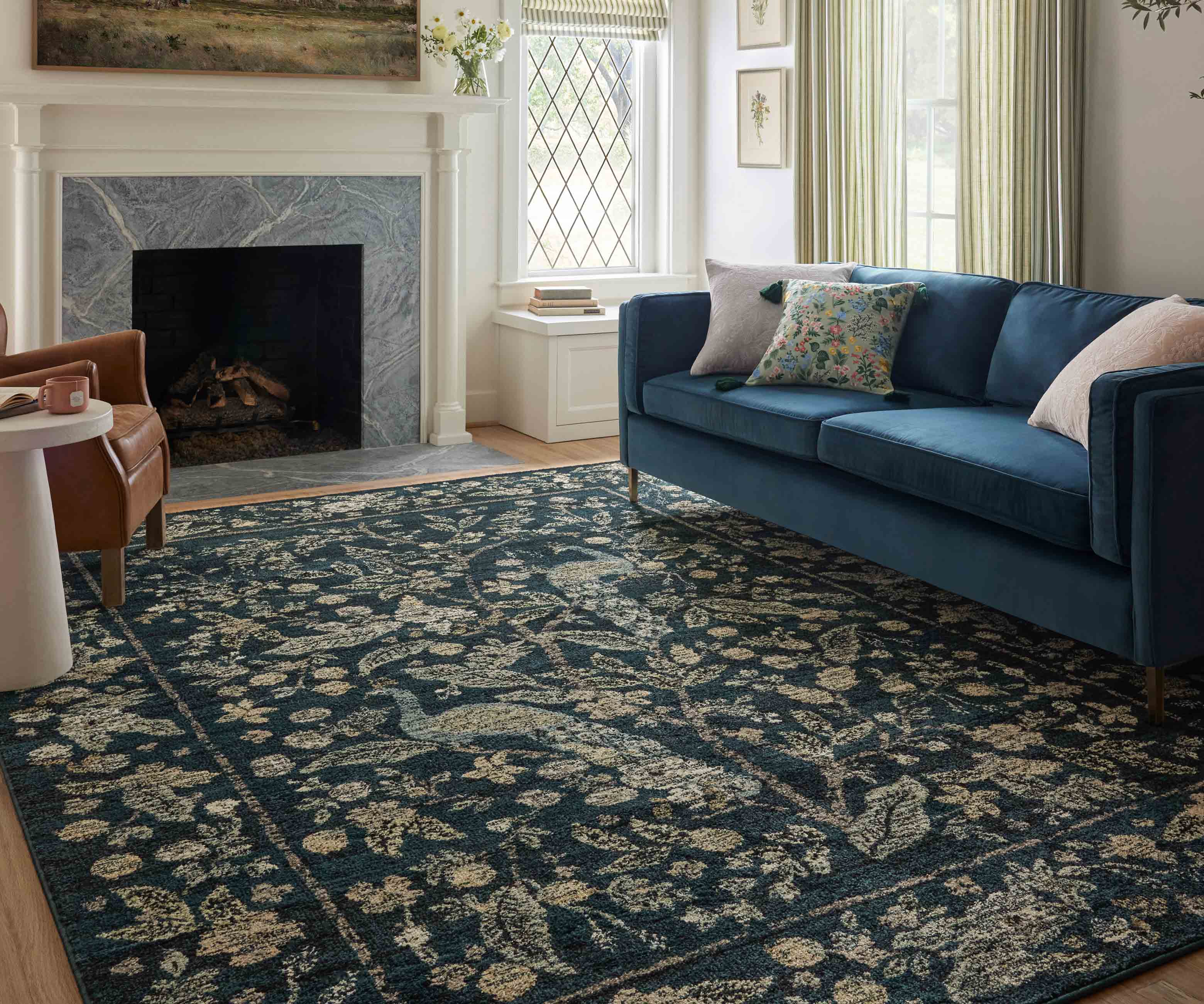 Laurel Peacock Garden Power Loomed Rug - Navy