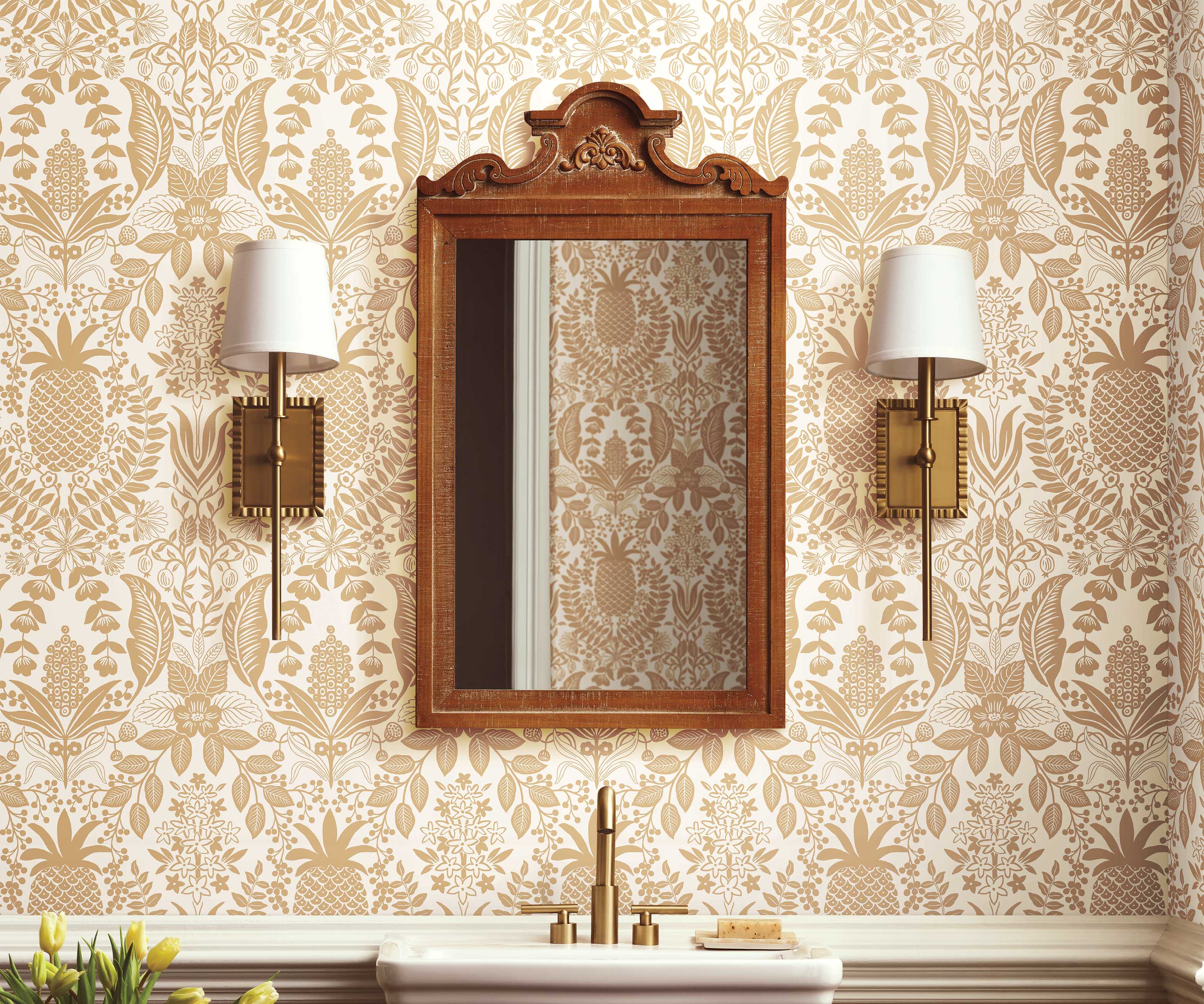 Pineapple Damask Wallpaper - White & Metallic Gold