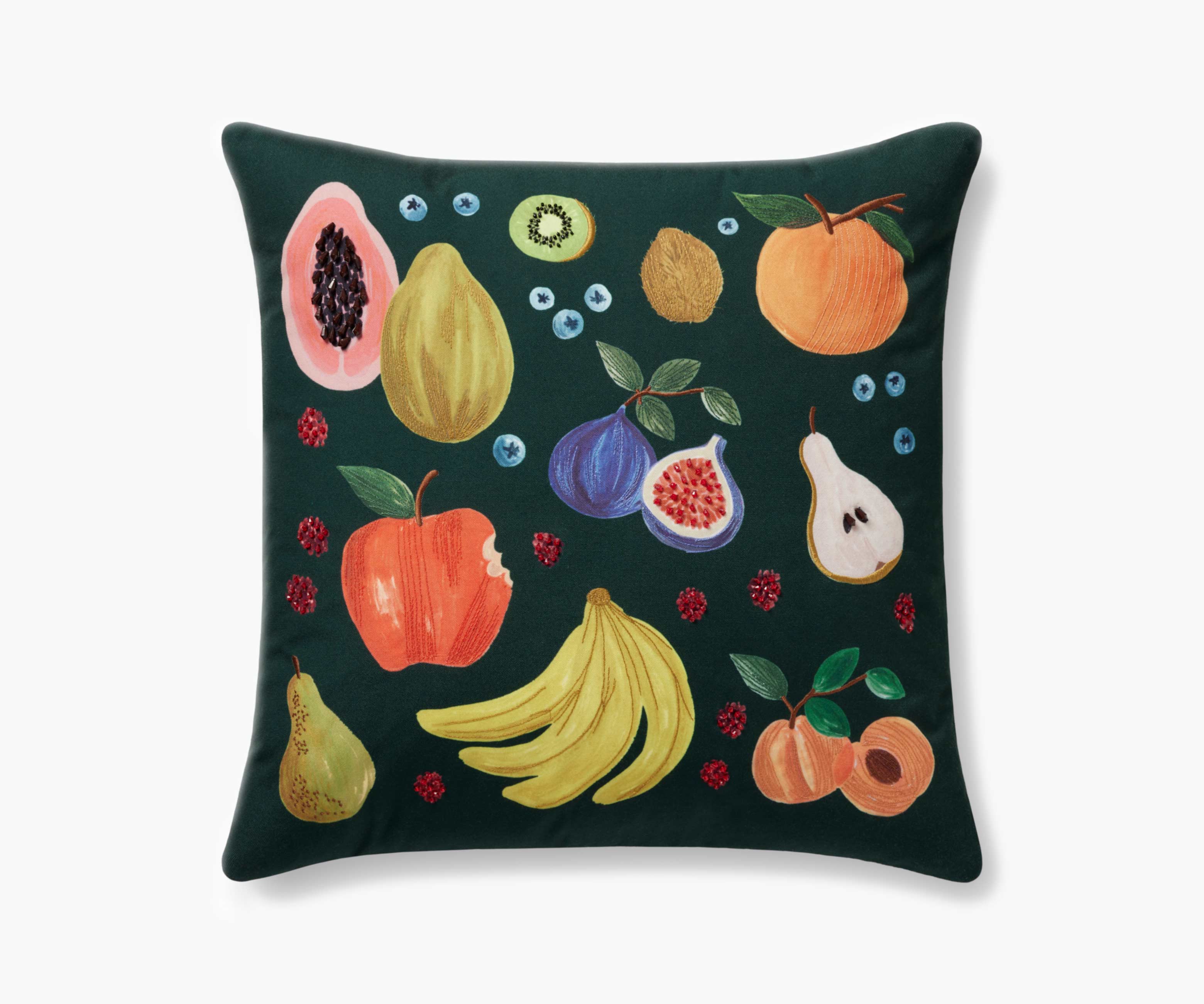 Fruit Stand Embroidered Pillow - Green