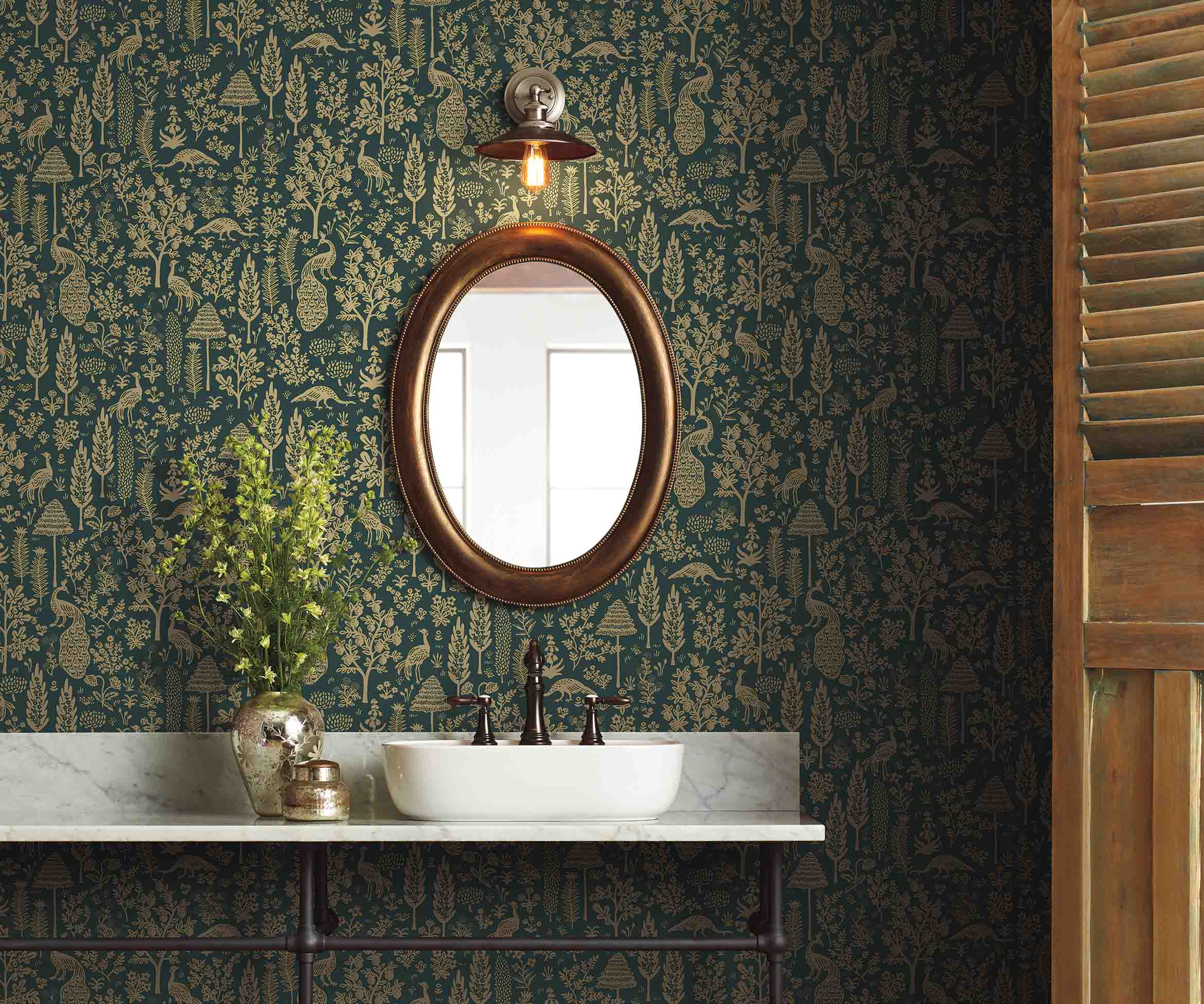 Menagerie Toile Wallpaper Sample - Emerald & Metallic Gold