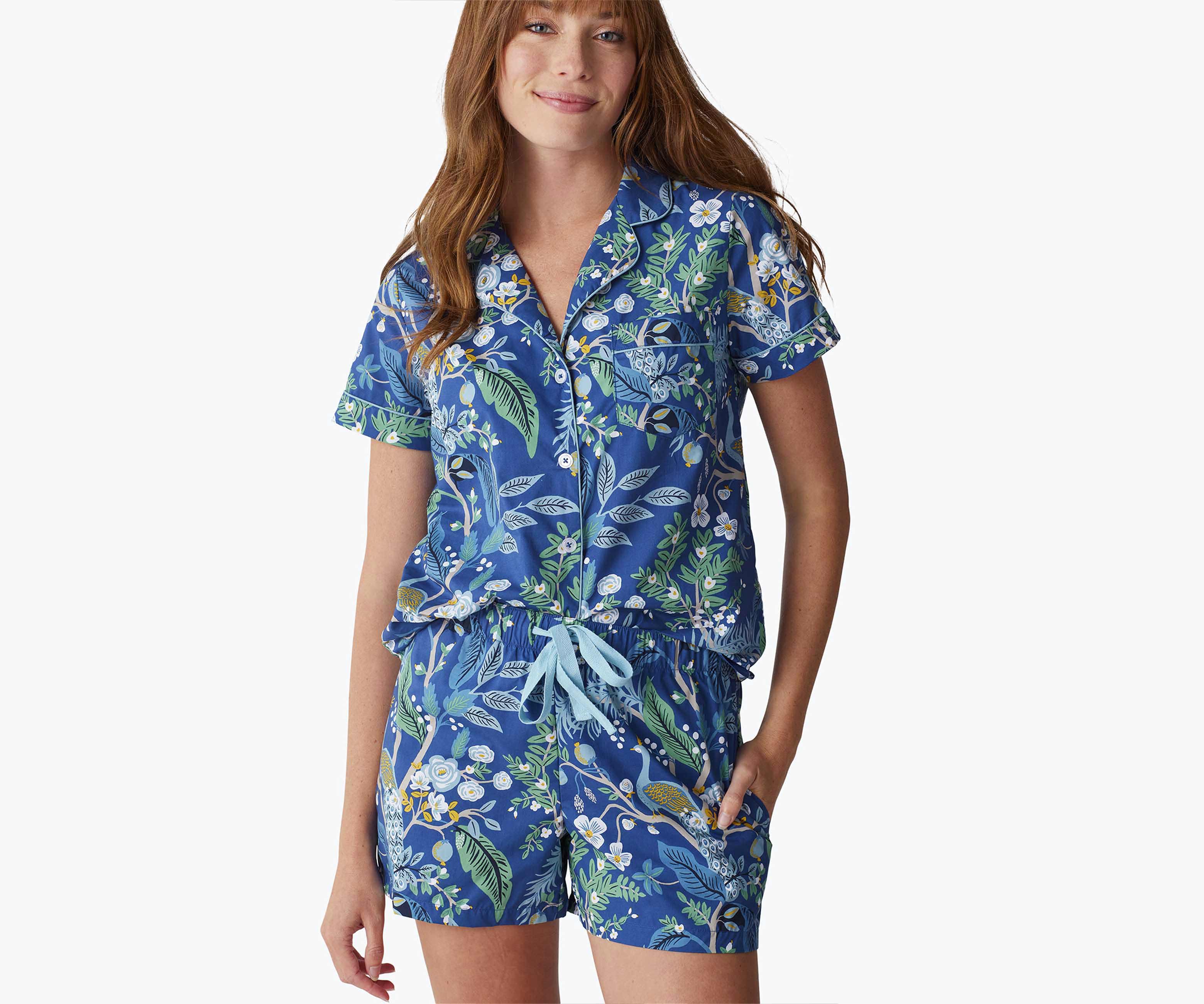 Poplin Button Front Short Set - Peacock