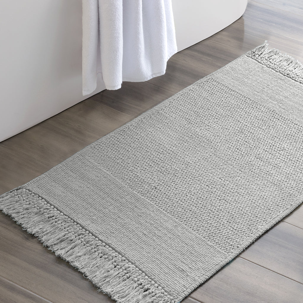 The Grey Fringed Textured Bath Mat