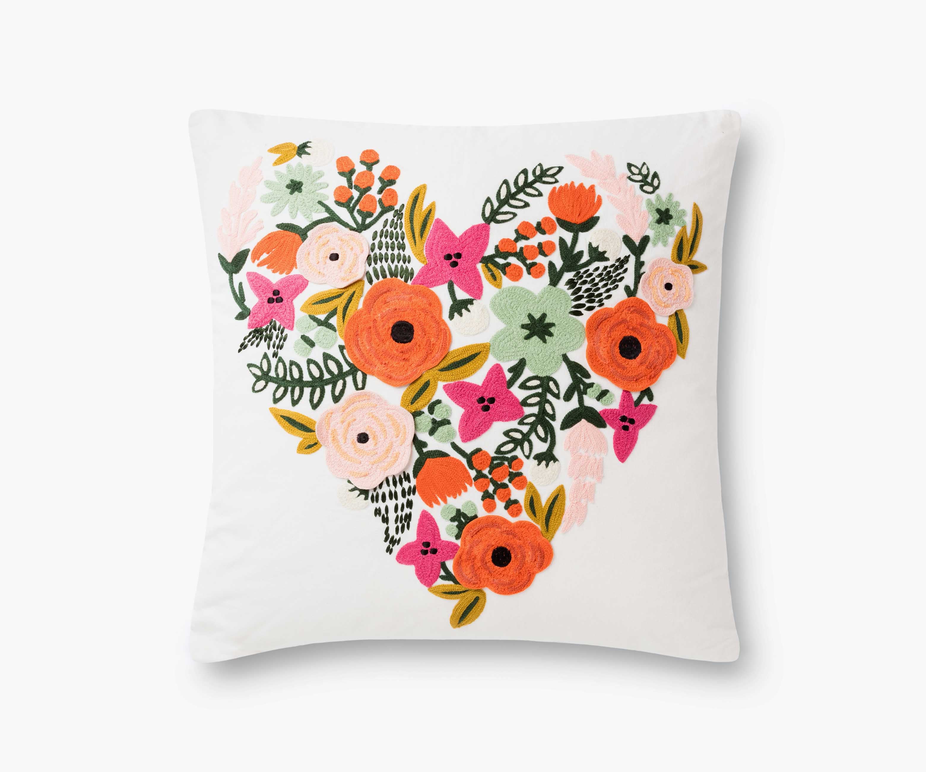 Floral Heart Embroidered Pillow - Cream