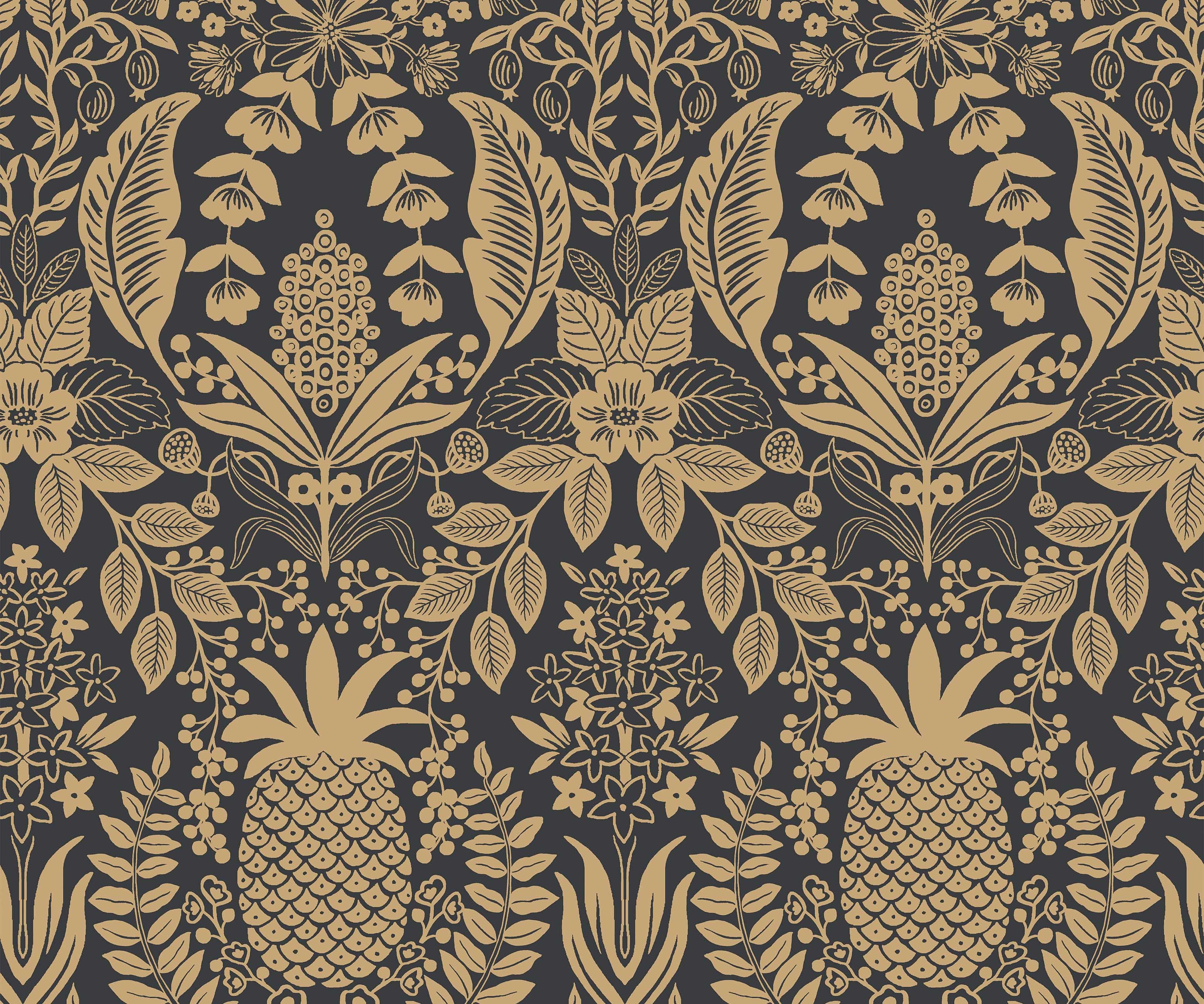 Pineapple Damask Wallpaper - Black & Gold