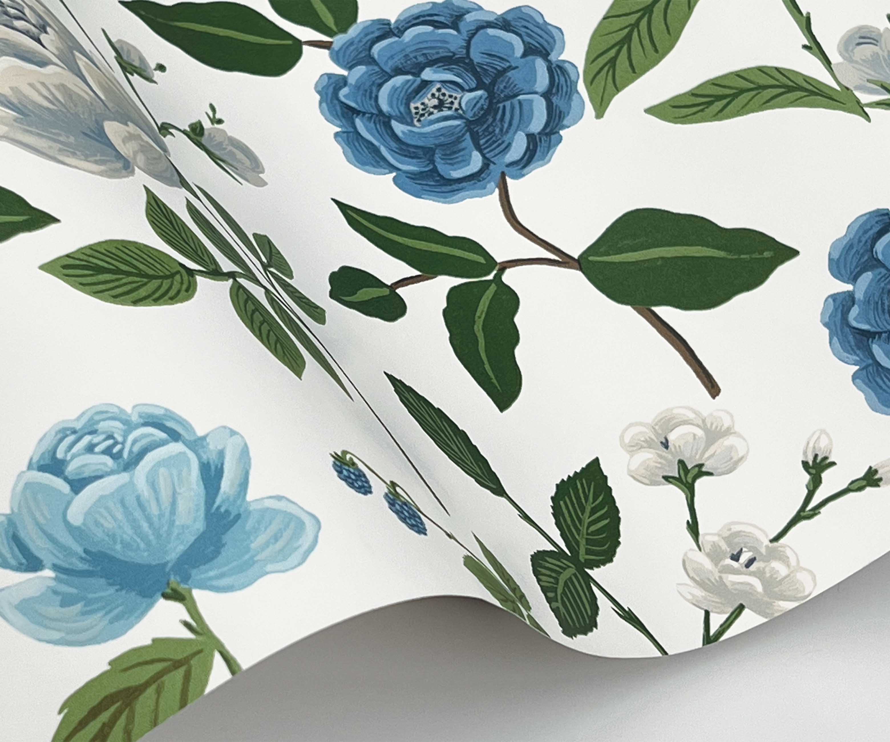 Roses Wallpaper Sample - White & Blue