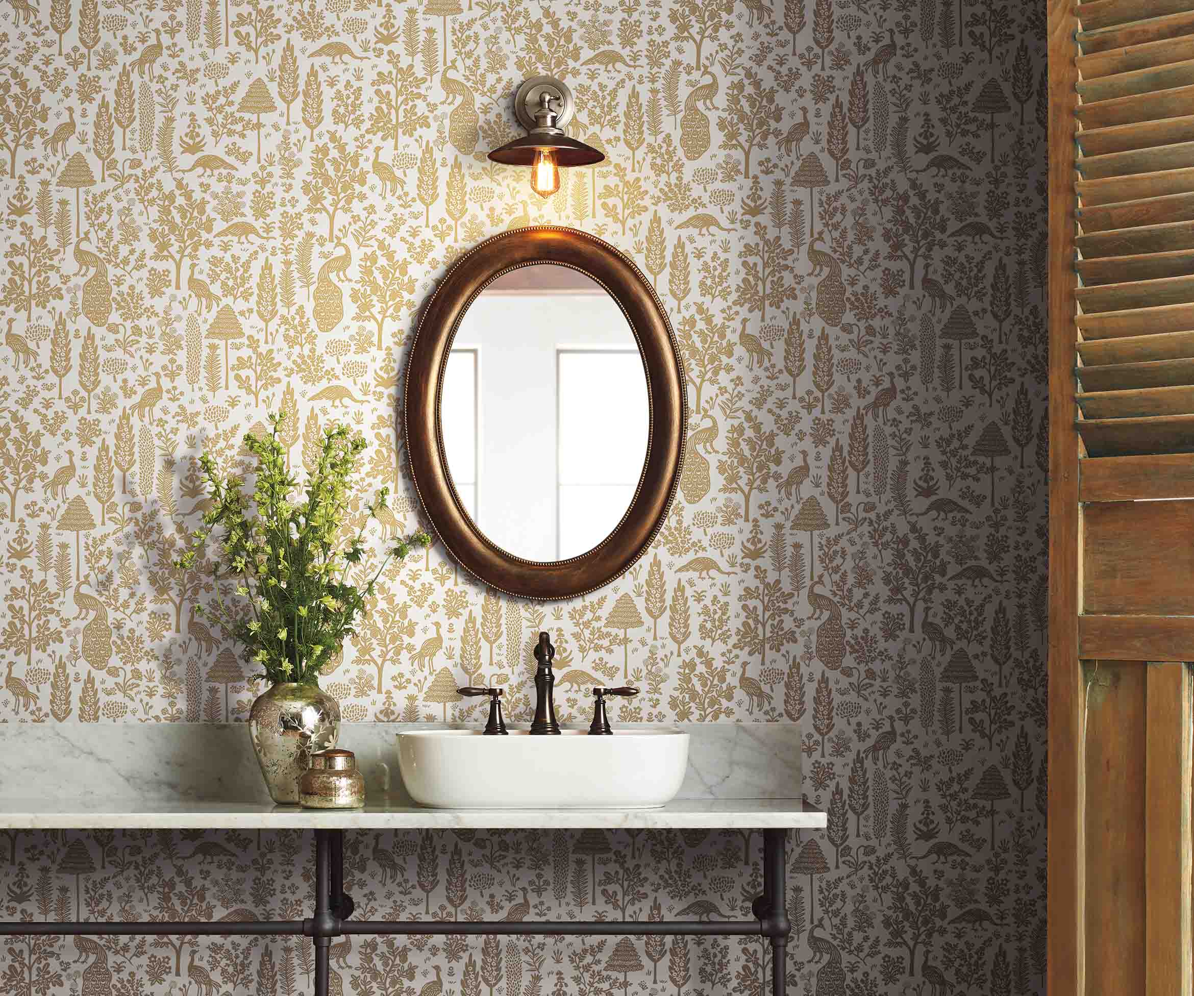 Menagerie Toile Wallpaper Sample - White & Metallic Gold