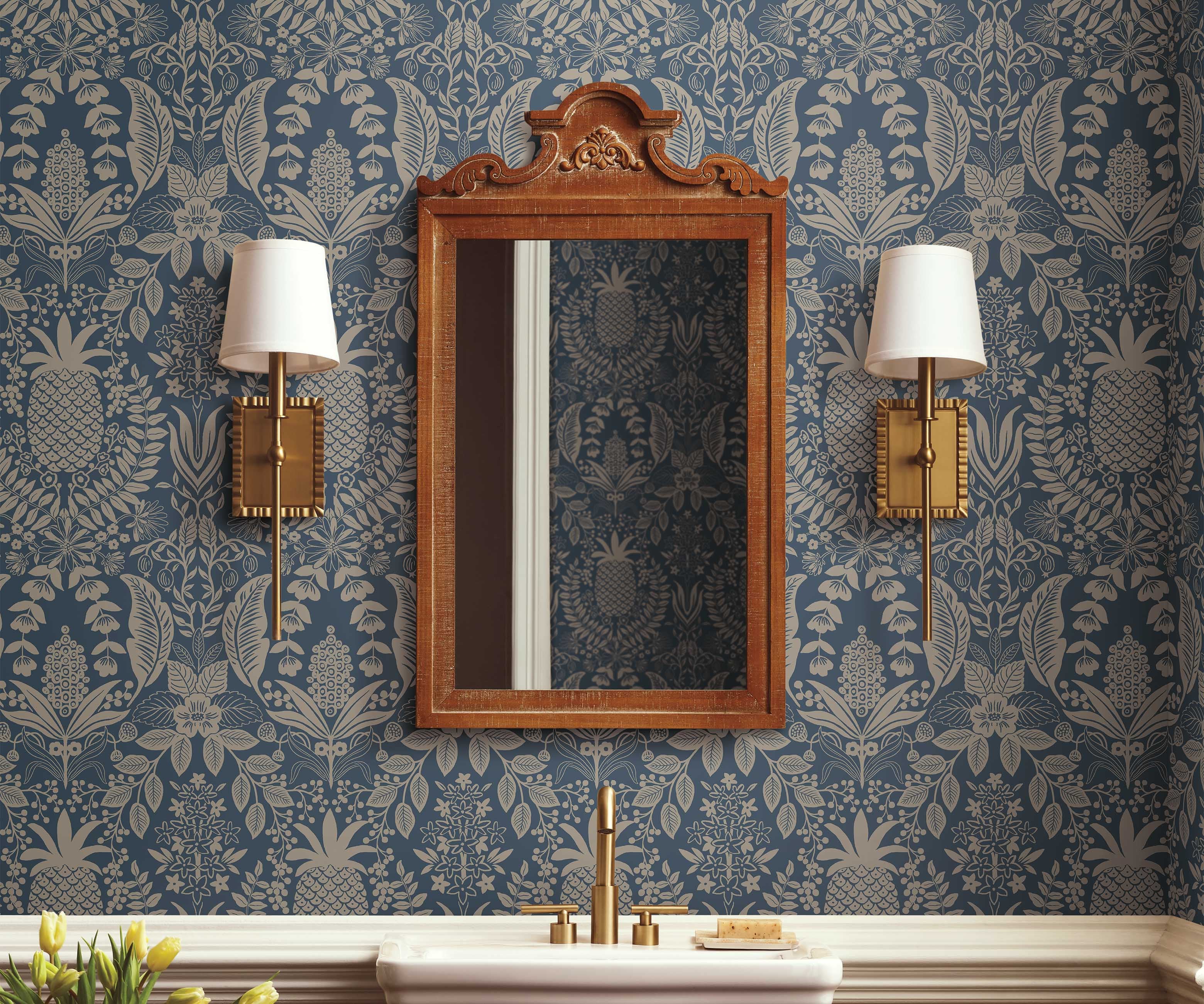 Pineapple Damask Wallpaper Sample - Navy