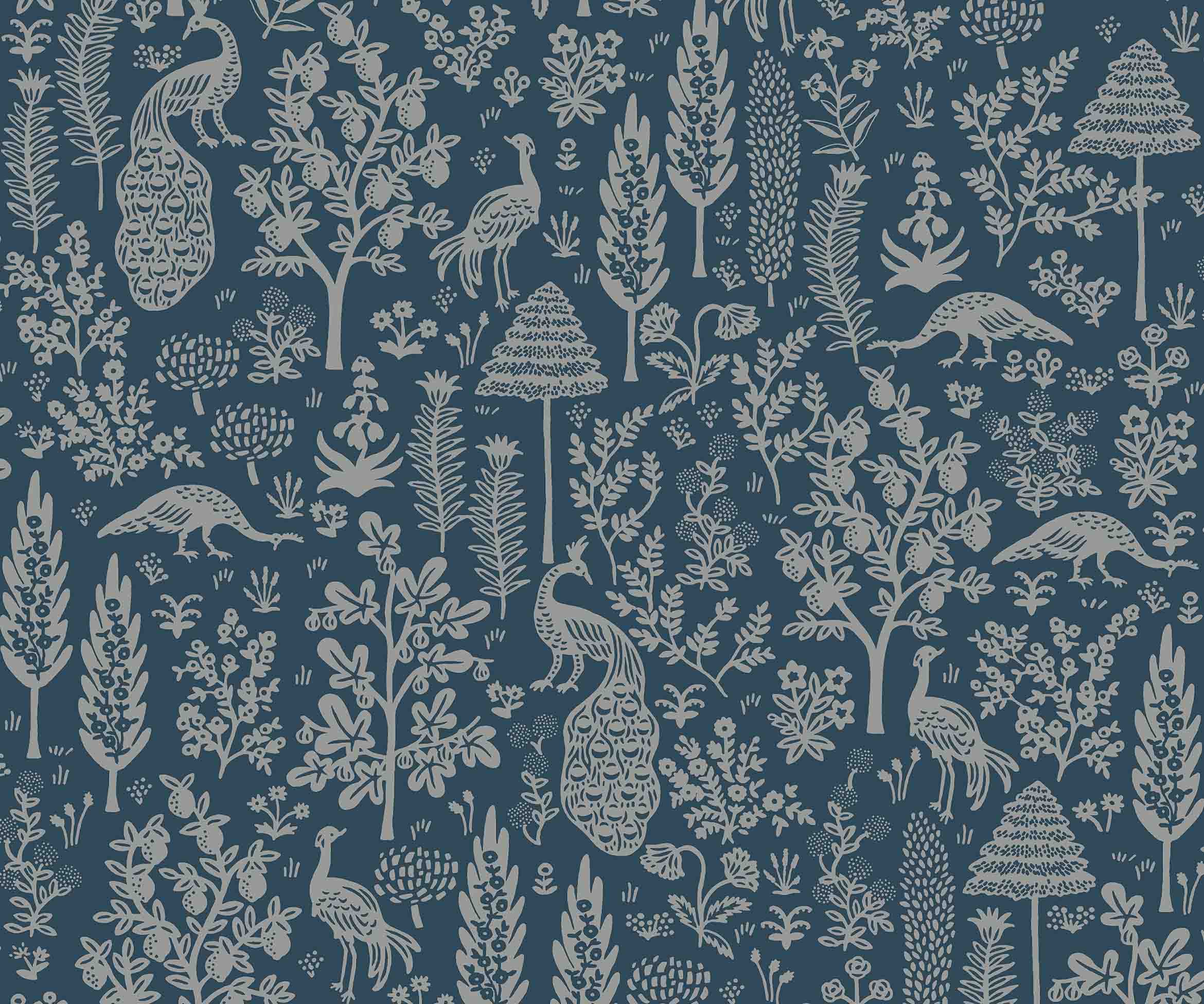 Menagerie Toile Wallpaper - Navy & Metallic Silver