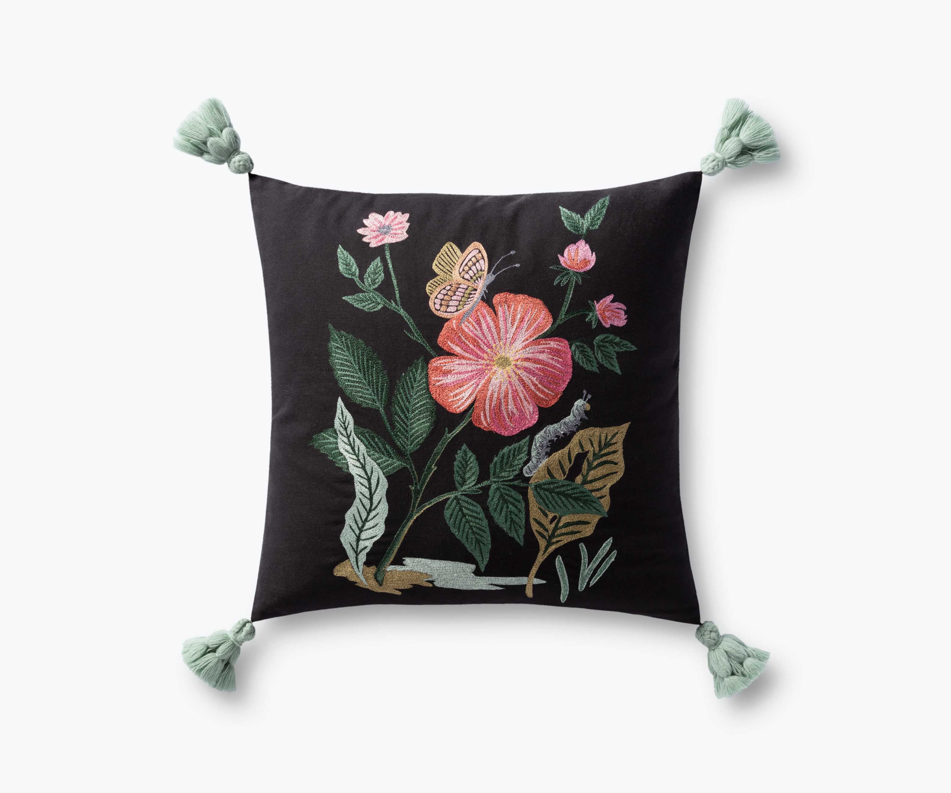 Garden Rose Embroidered Pillow - Black