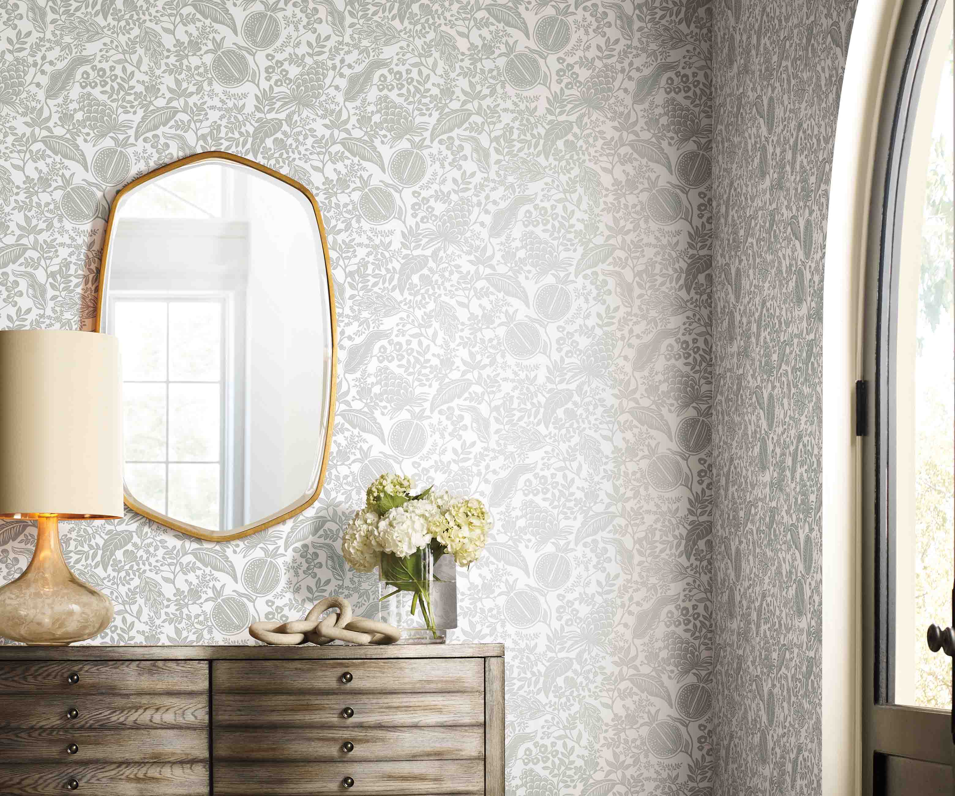 Pomegranate Wallpaper - White & Metallic Silver