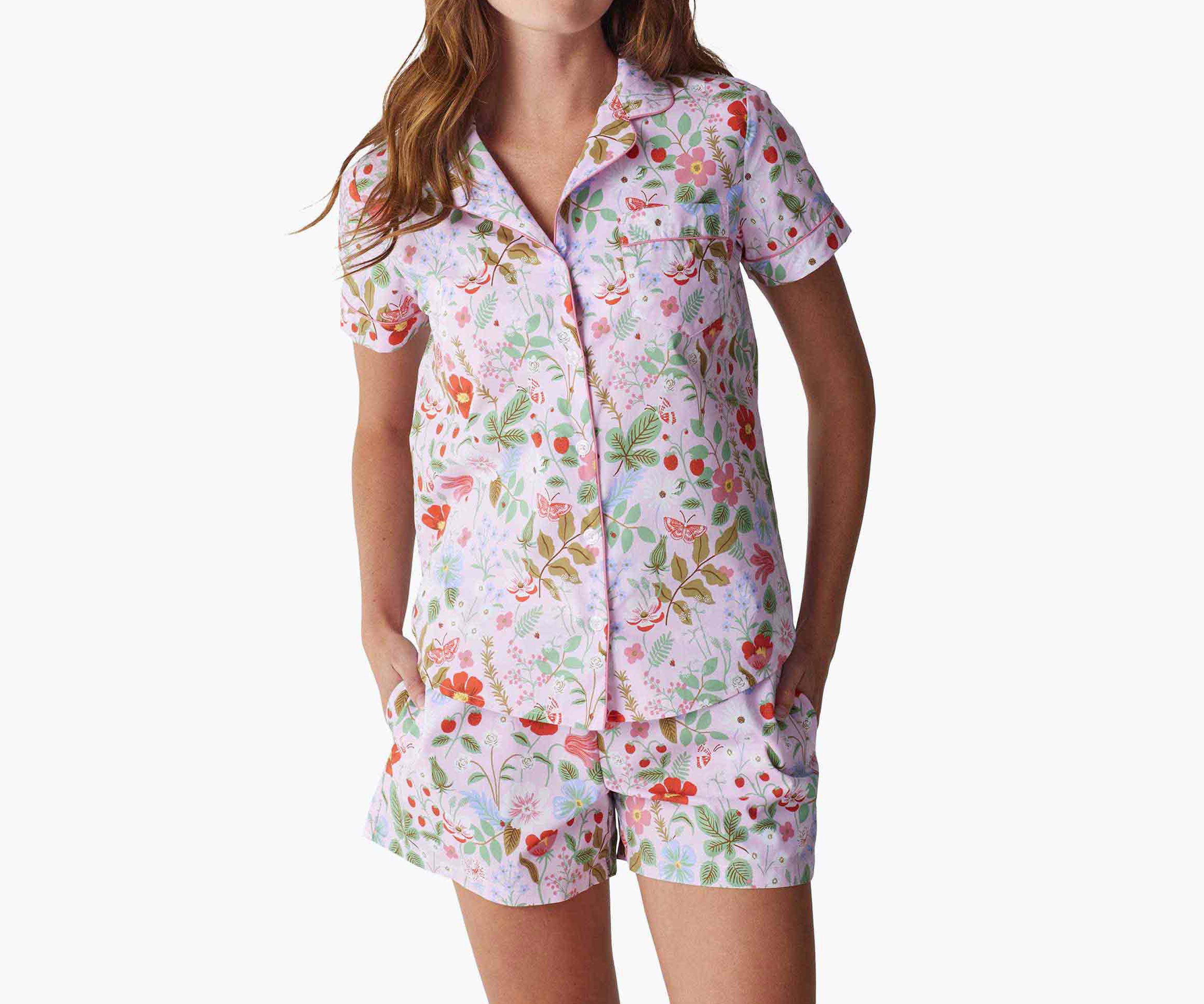 Poplin Button Front Short Set - Strawberry Fields