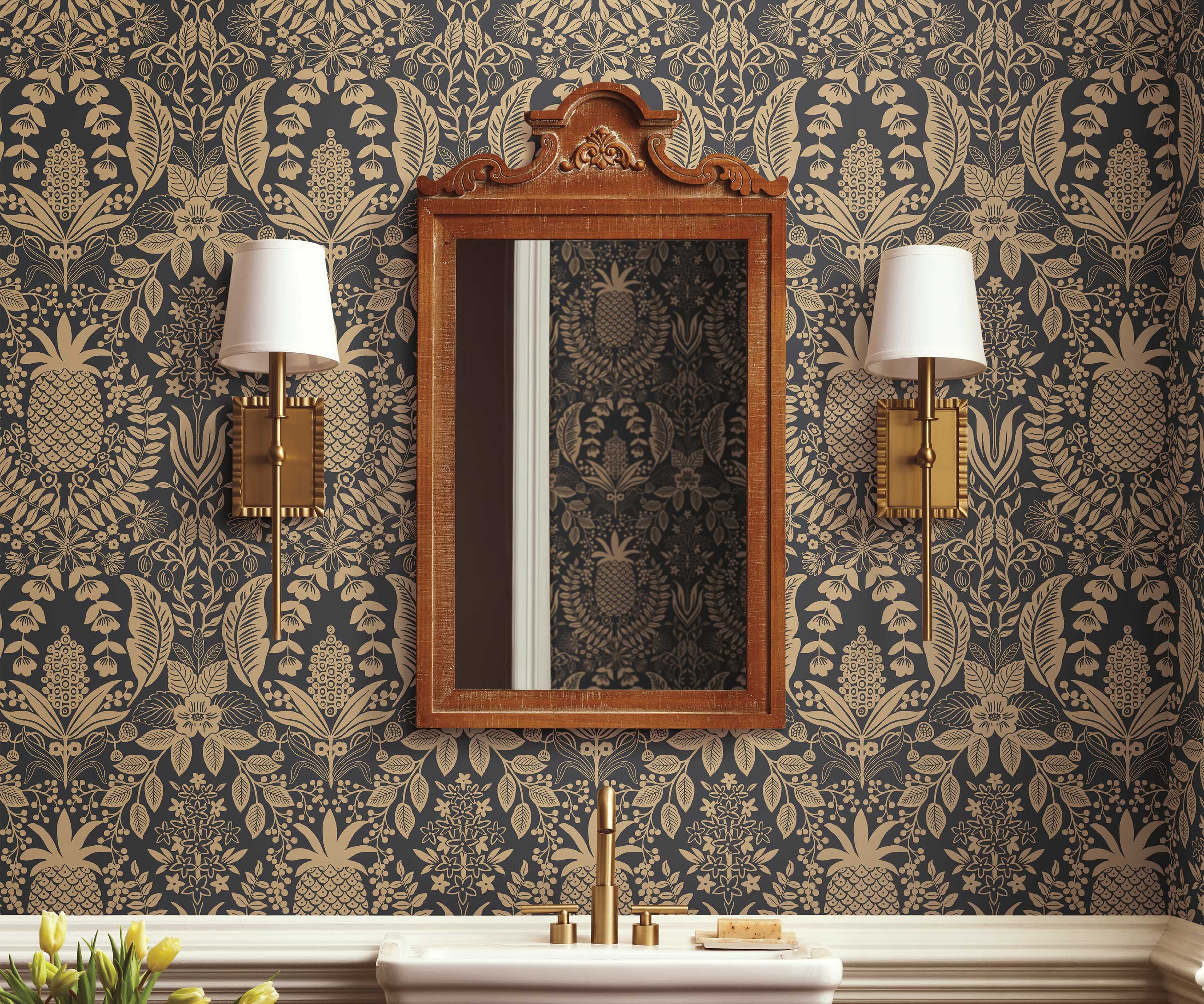 Pineapple Damask Wallpaper Sample - Black & Gold