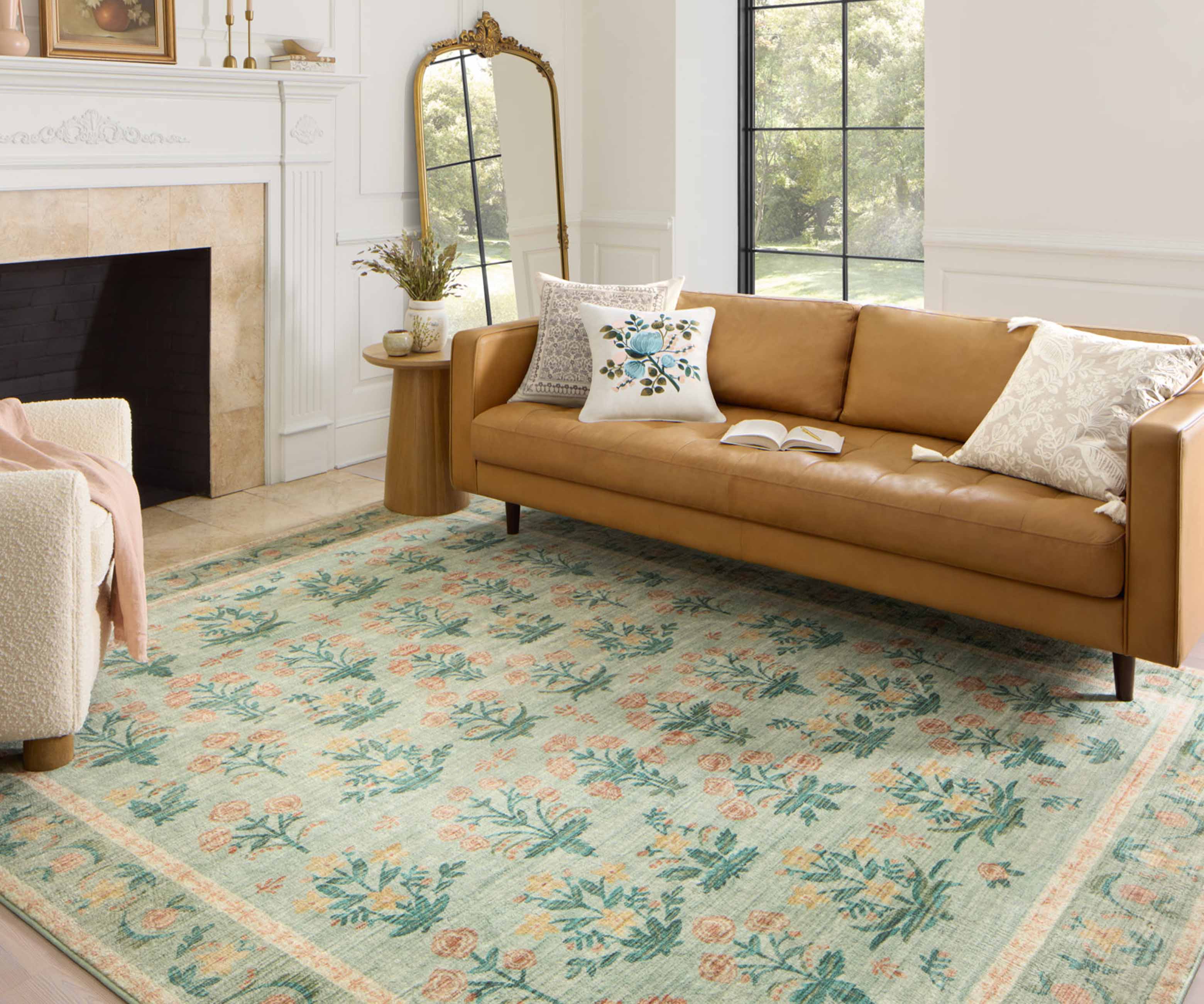 Eden Mughal Rose Power Loomed Rug - Moss