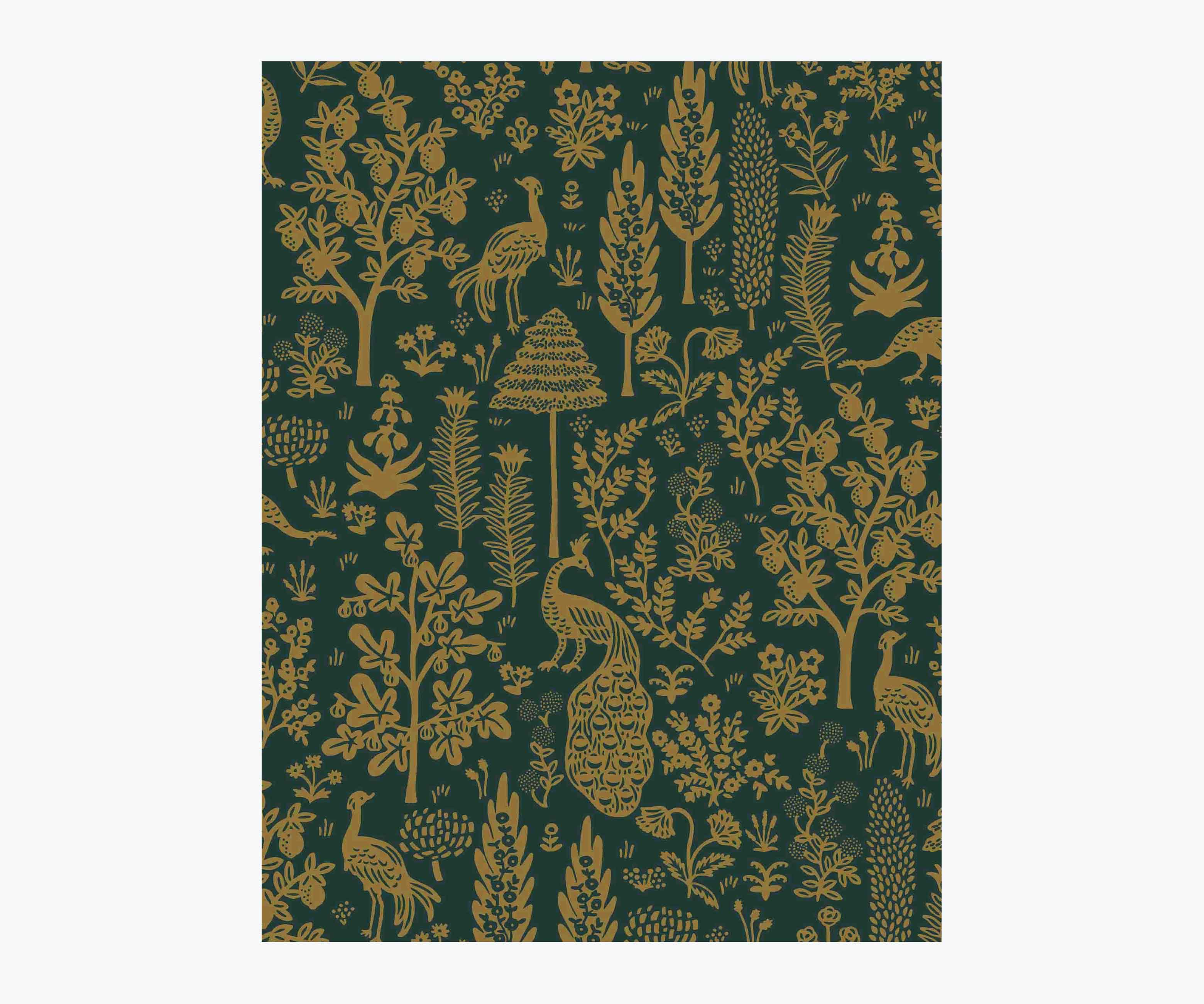 Menagerie Toile Wallpaper Sample - Emerald & Metallic Gold