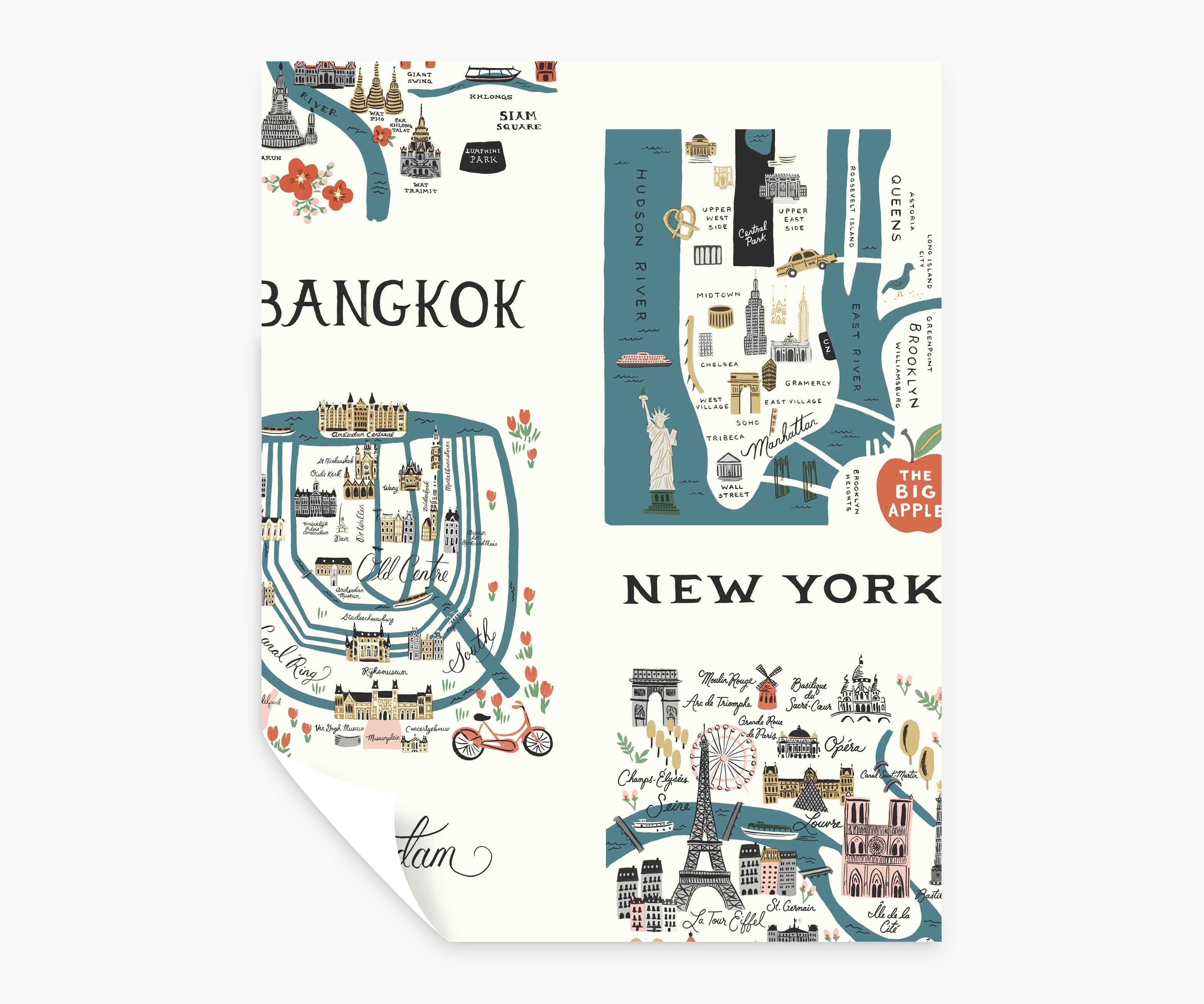 City Maps Peel & Stick Wallpaper Sample - Blue & Red