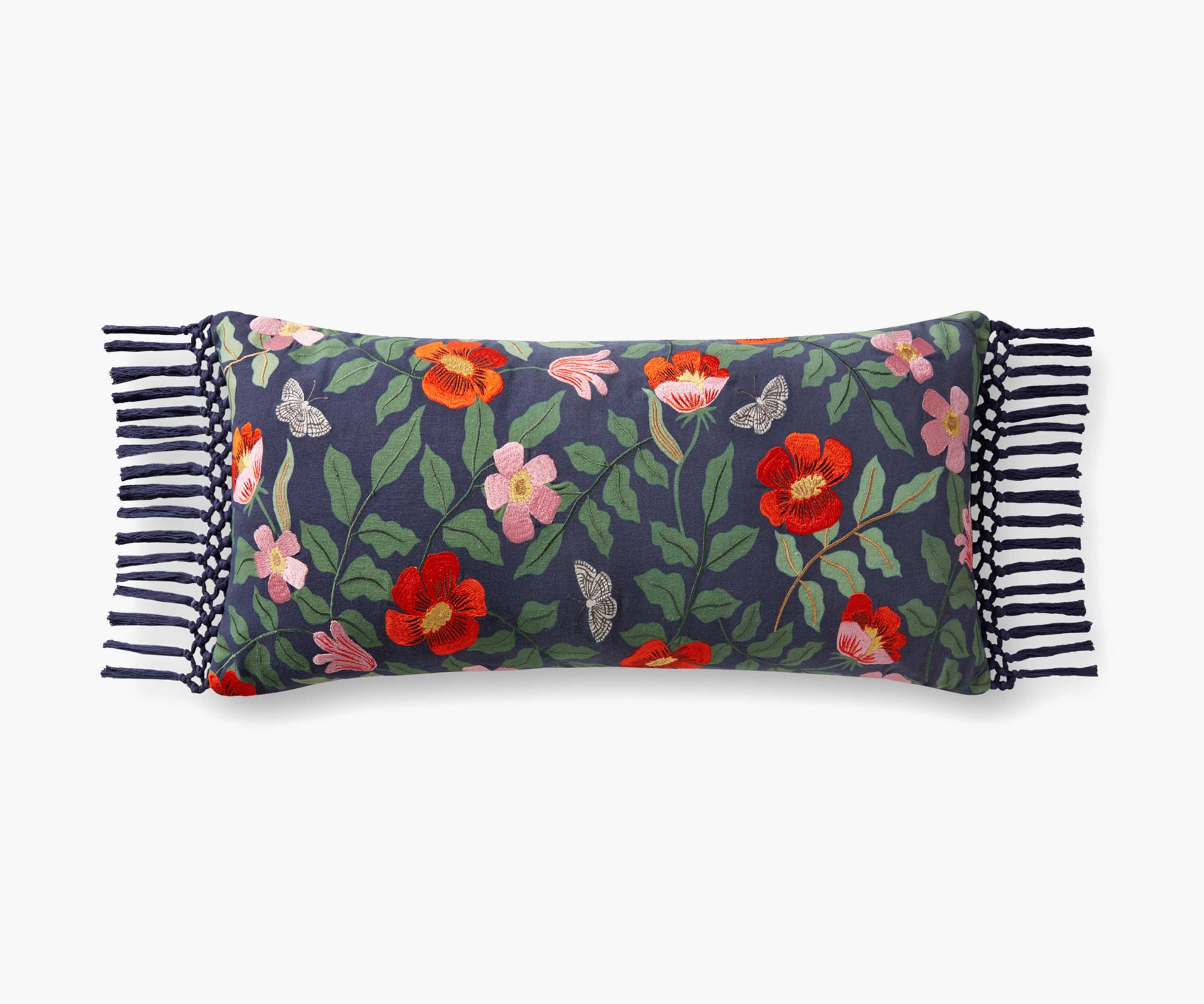 Primrose Embroidered Lumbar Pillow - Navy