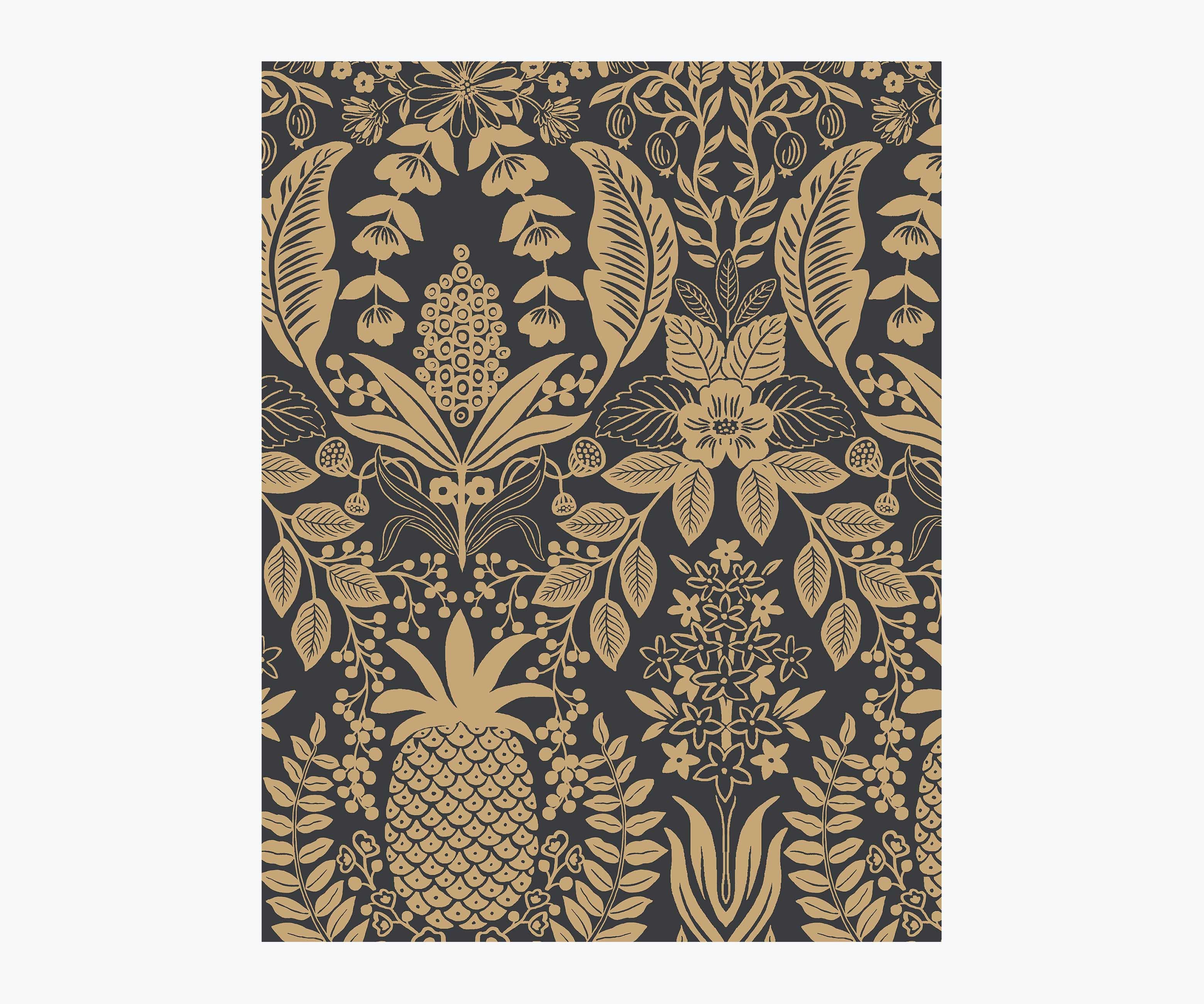 Pineapple Damask Wallpaper Sample - Black & Gold