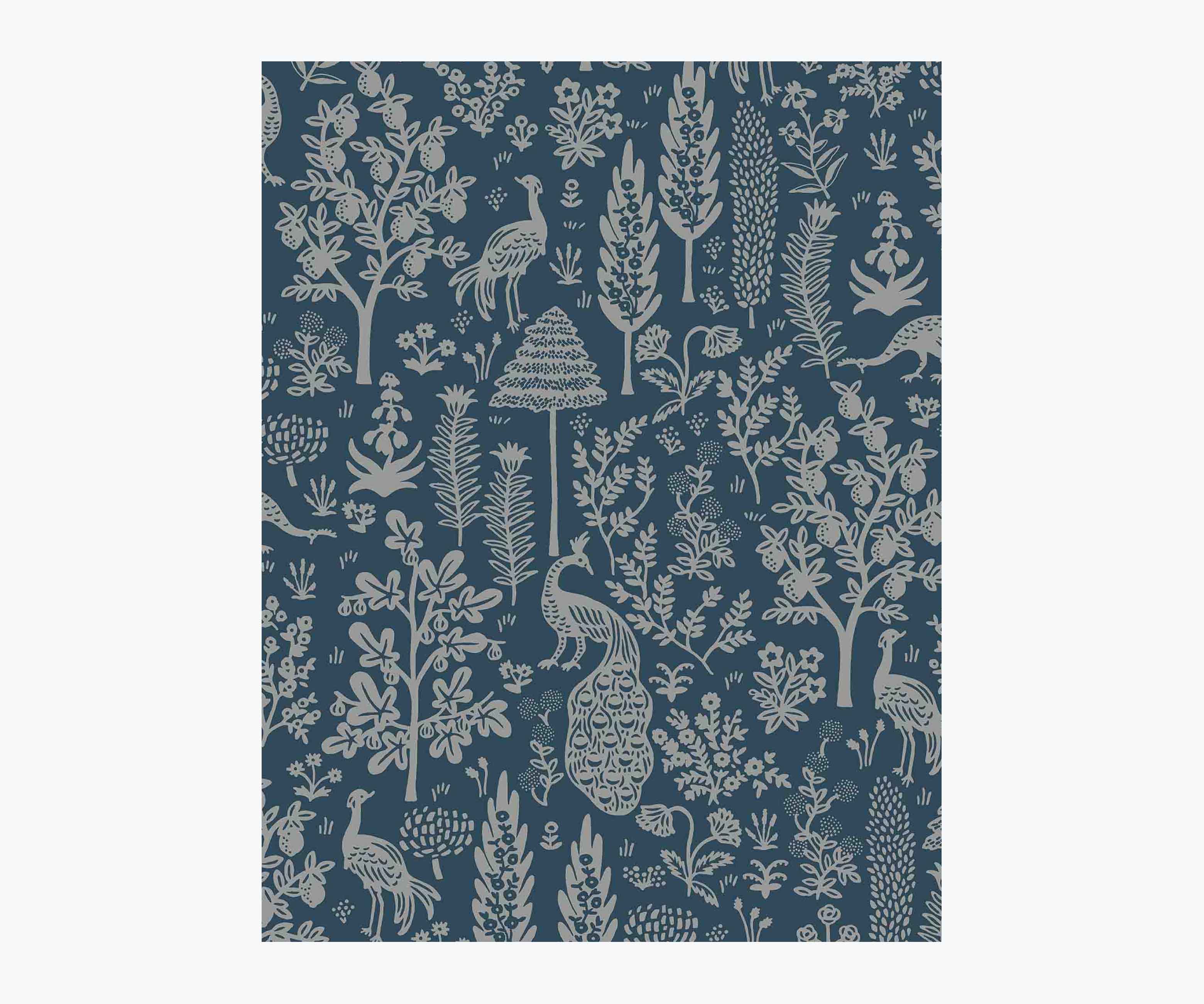 Menagerie Toile Wallpaper Sample - Navy & Metallic Silver