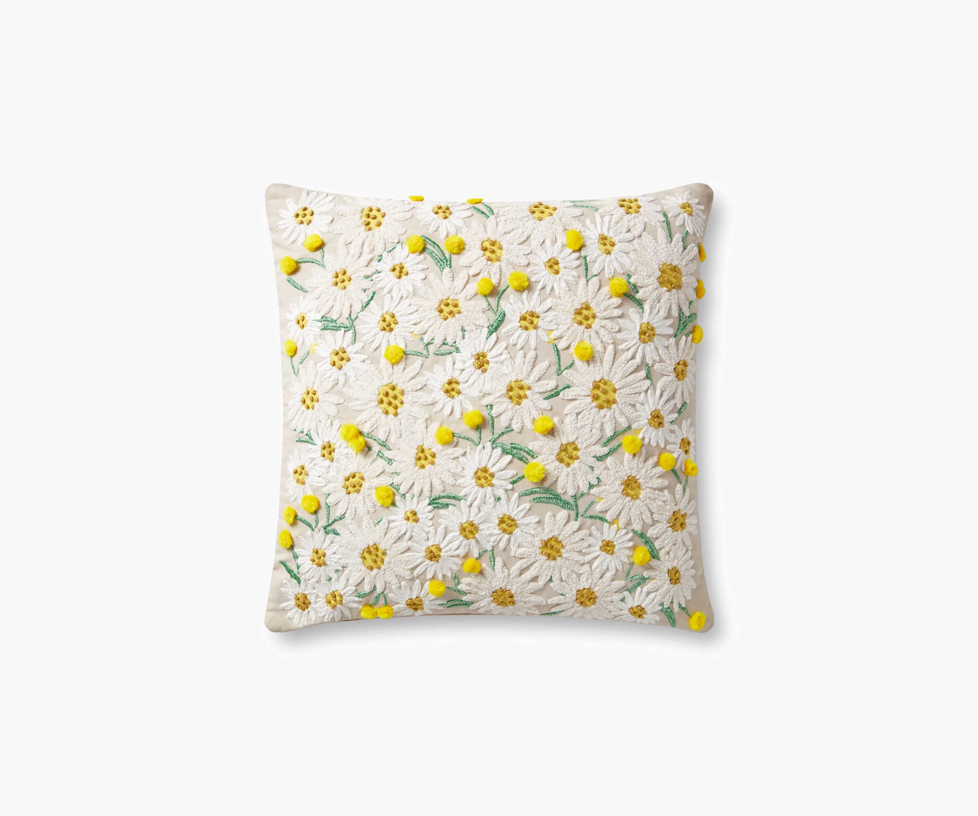 Daisies Embroidered Pillow - Khaki