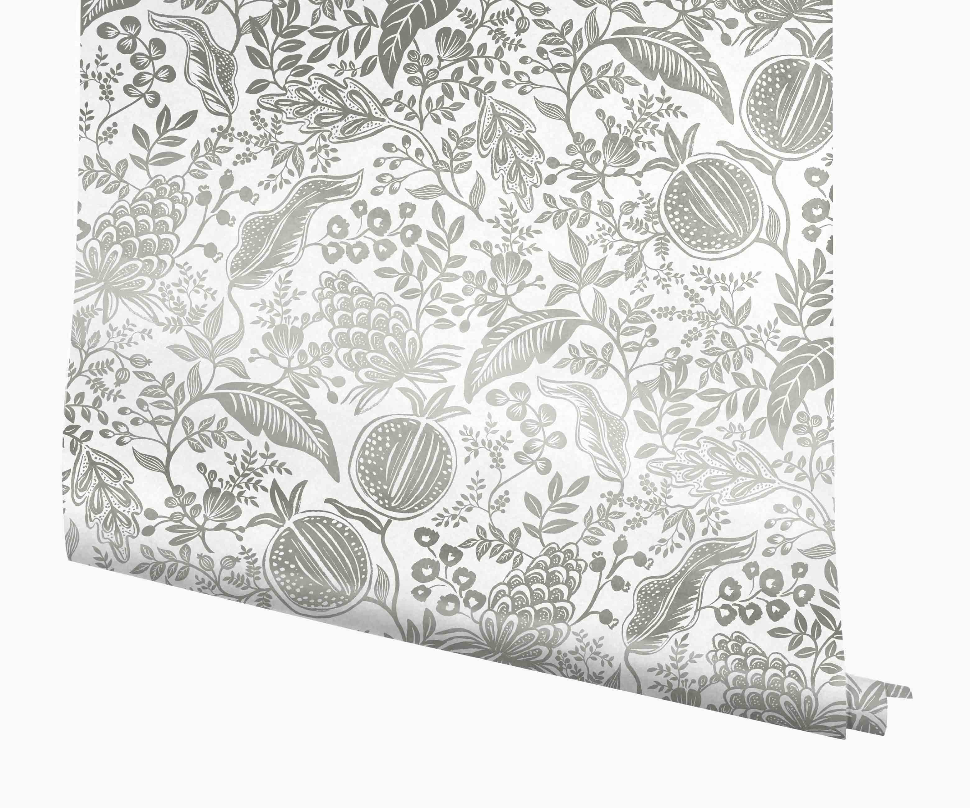 Pomegranate Wallpaper - White & Metallic Silver