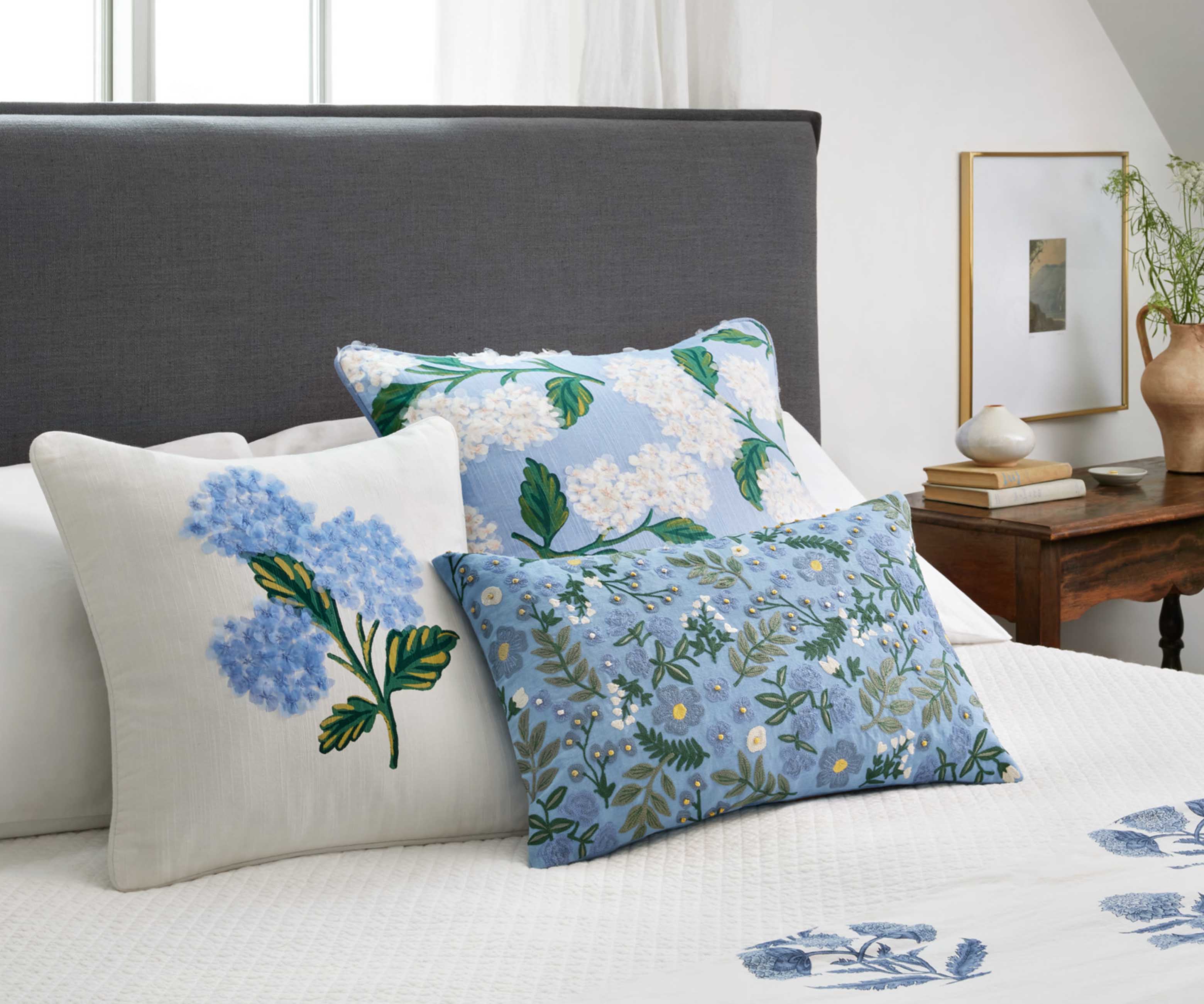 Hydrangea Embellished Pillow - Blue