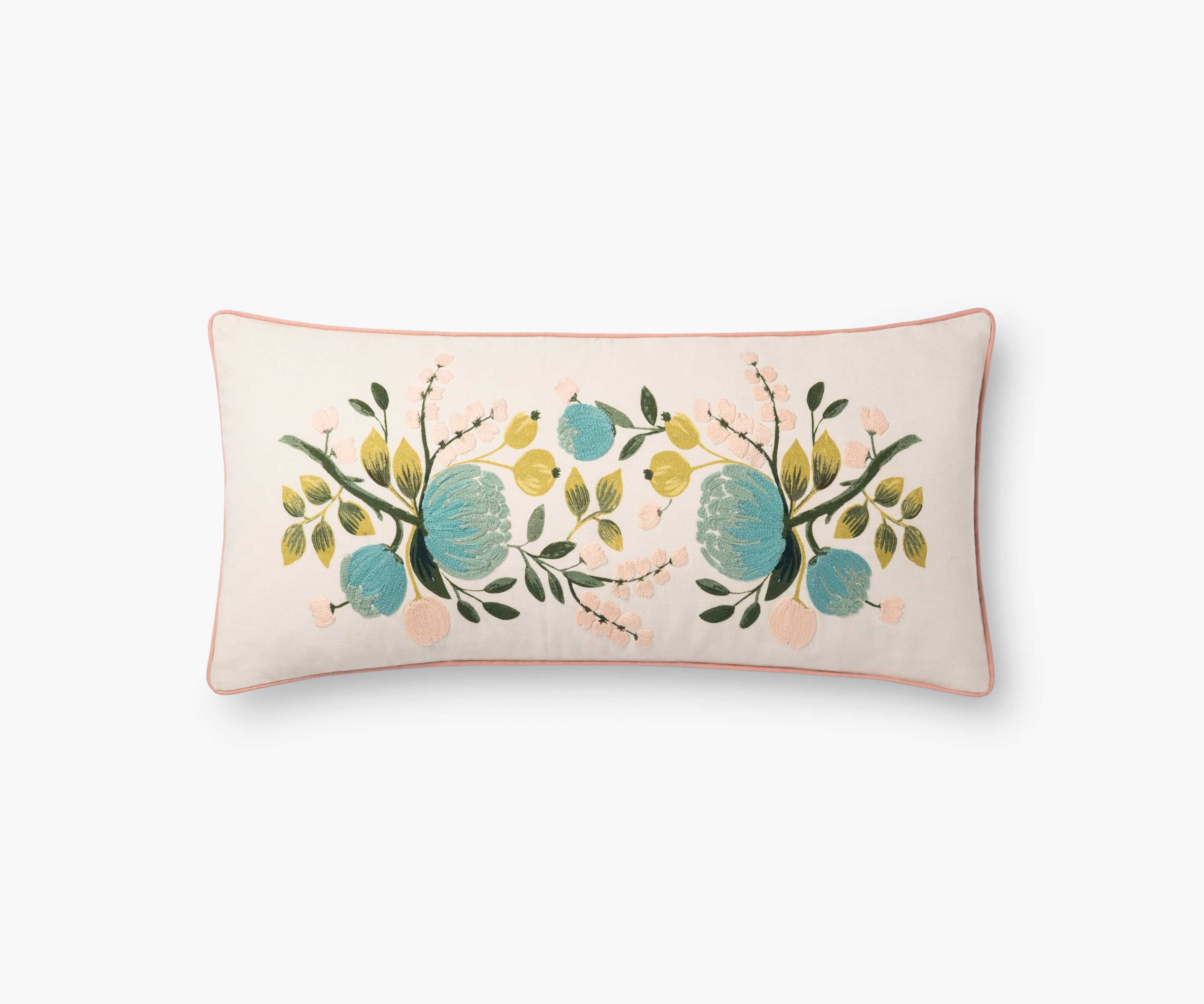 Botanical Embroidered Lumbar Pillow - Blue