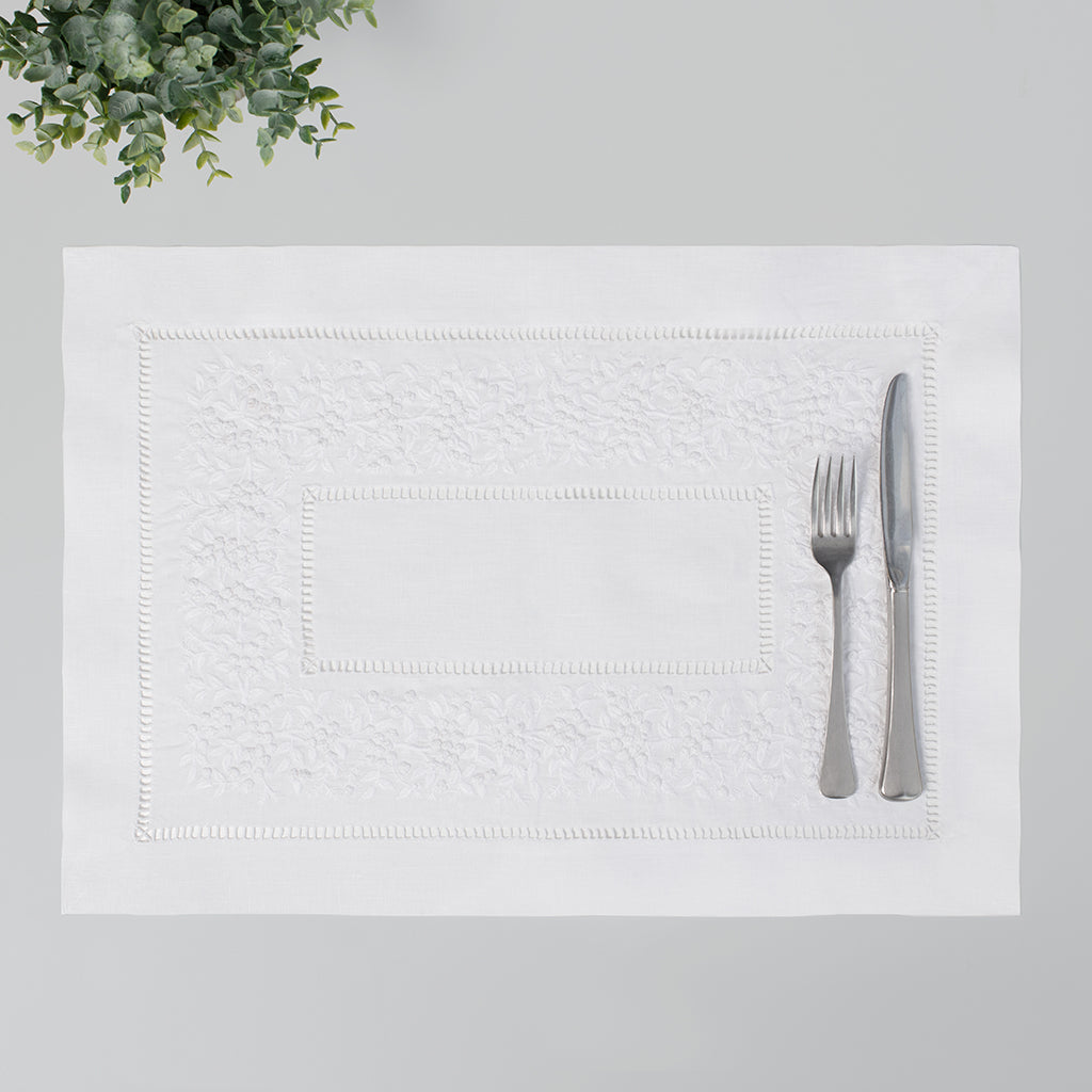 The Embroidered Botanical Hemstitch Linen Placemat (Set of 4)