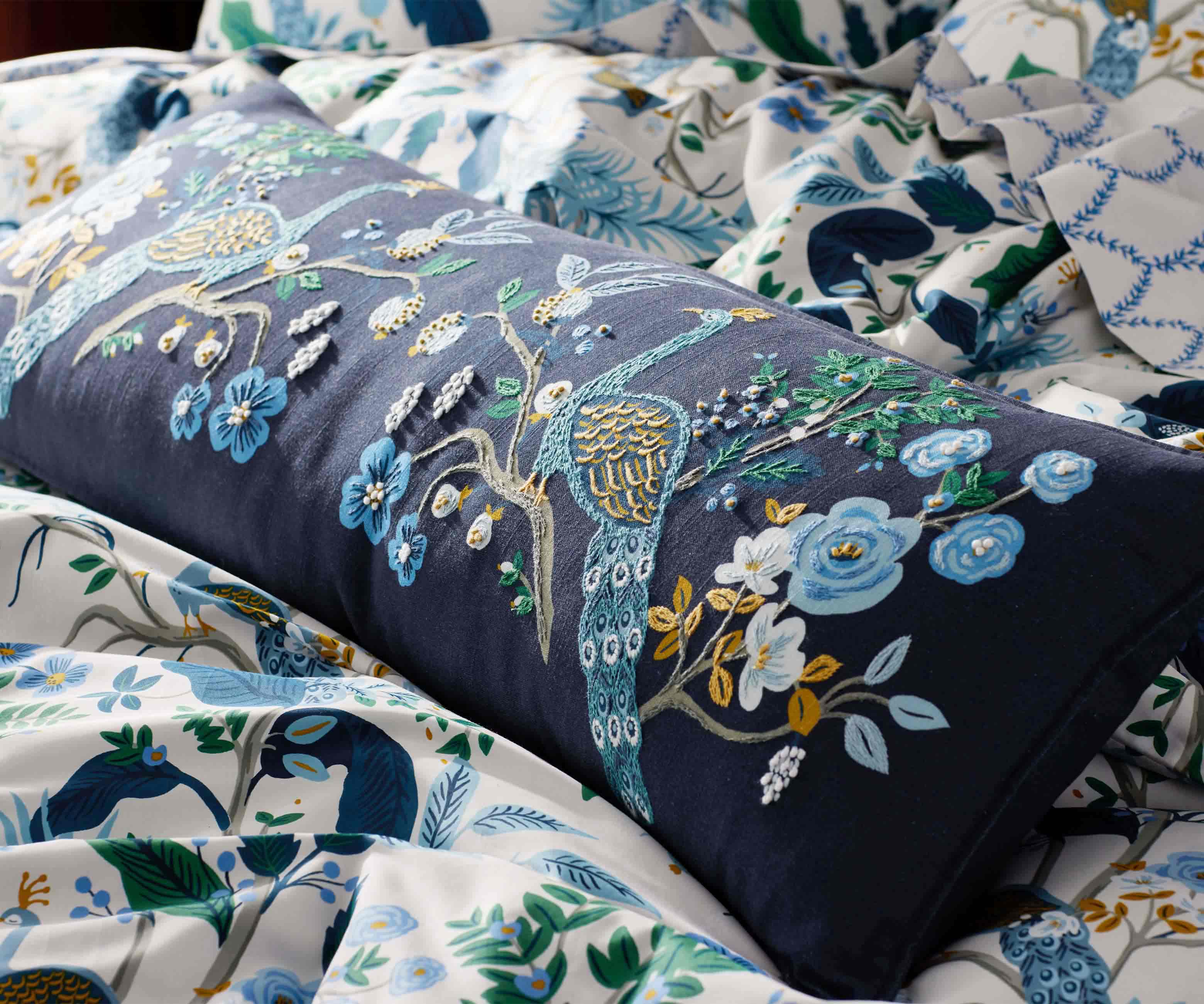 Embroidered Lumbar Pillow Cover - Peacock