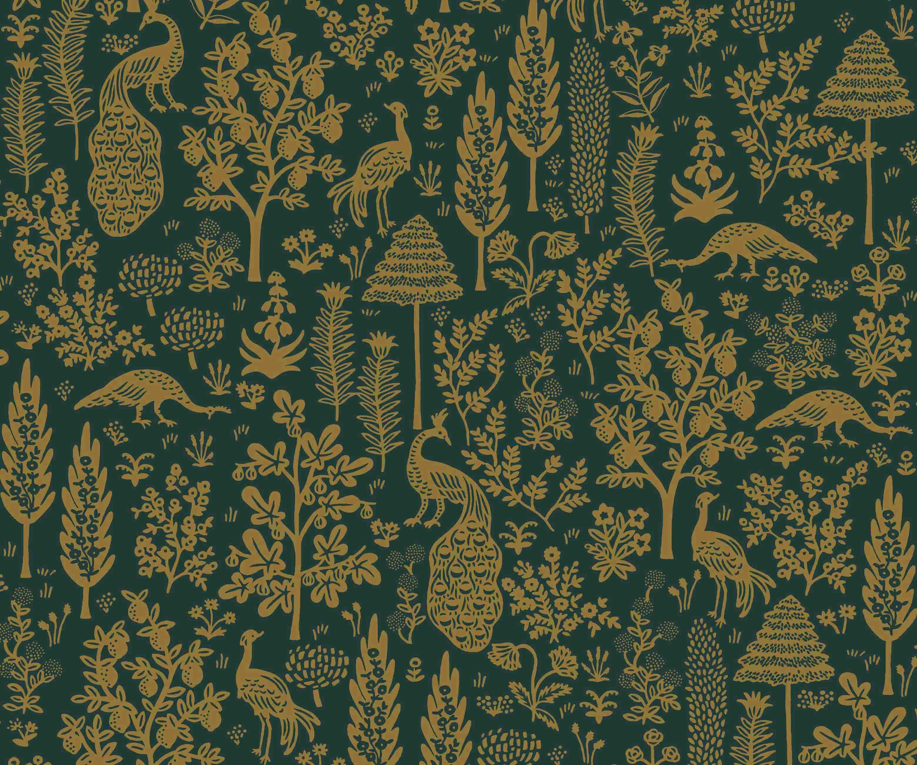 Menagerie Toile Wallpaper - Emerald & Metallic Gold