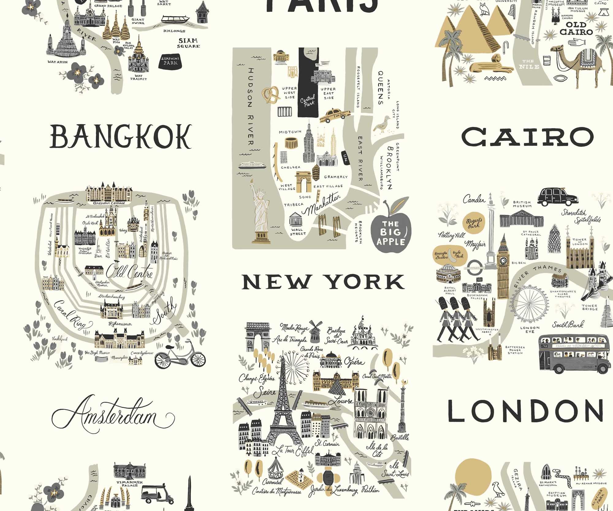 City Maps Wallpaper - Grey & Gold