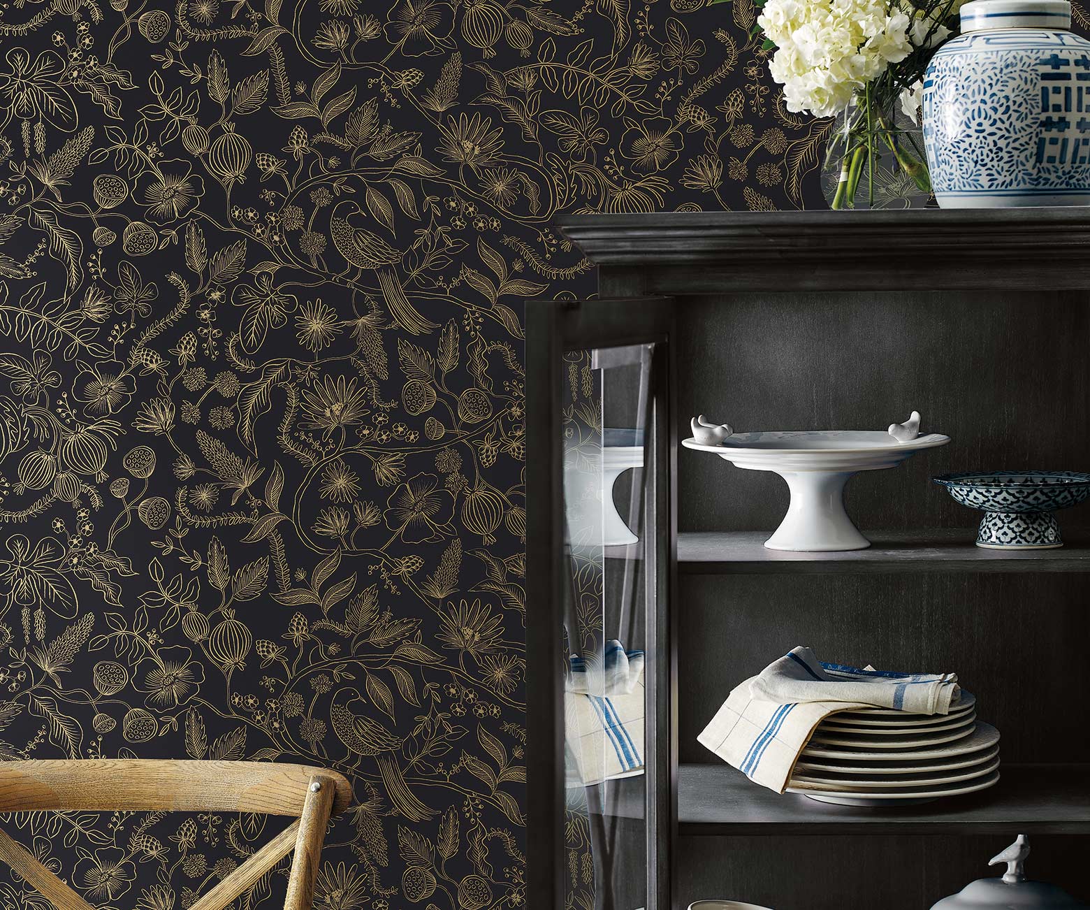 Aviary Peel & Stick Wallpaper - Metallic Gold & Black