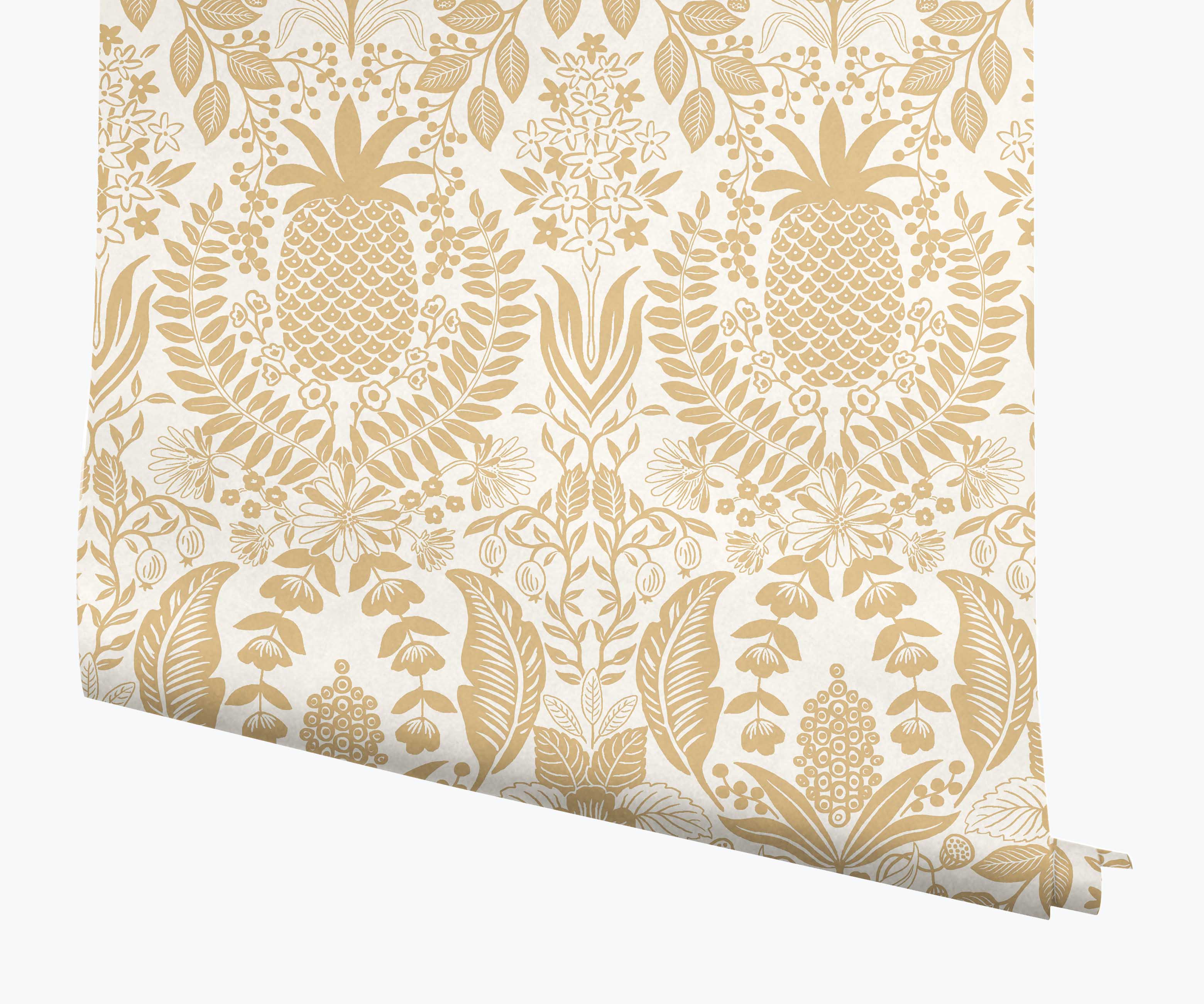 Pineapple Damask Wallpaper - White & Metallic Gold