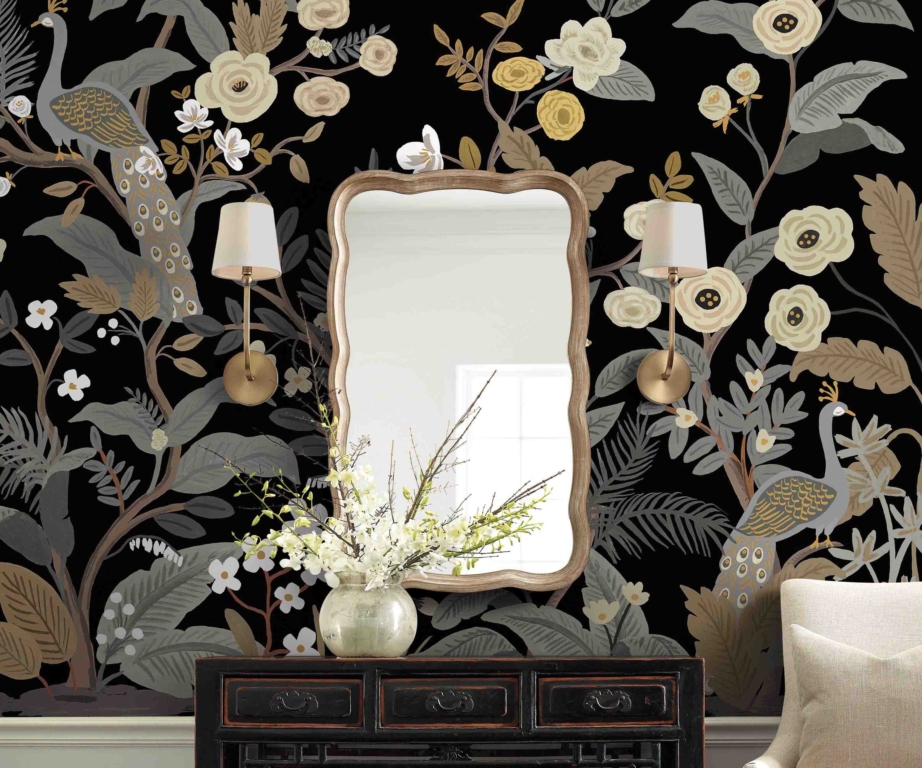 Peacock Wallpaper Mural - Black