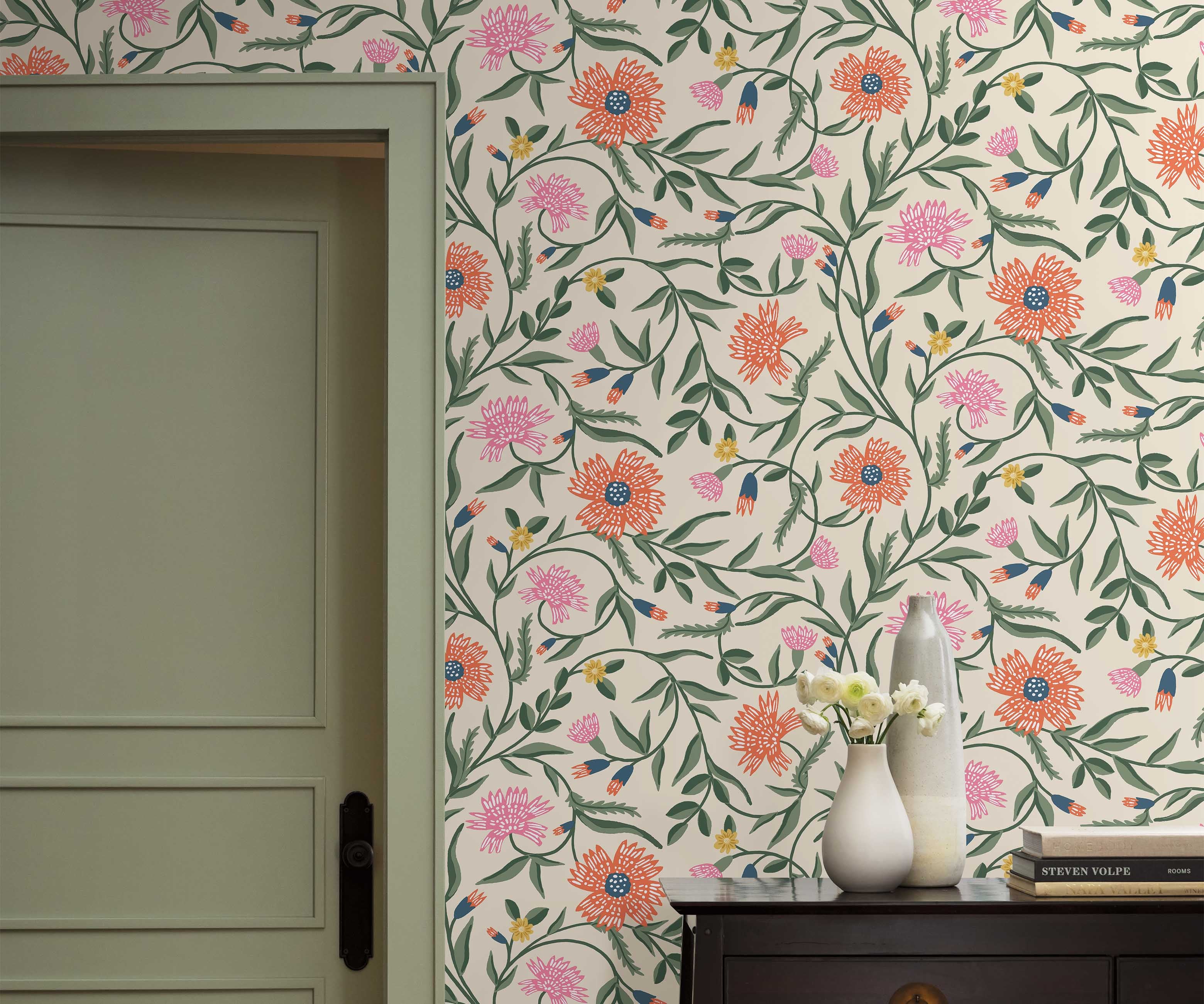 Aster Wallpaper Sample - Linen & Coral