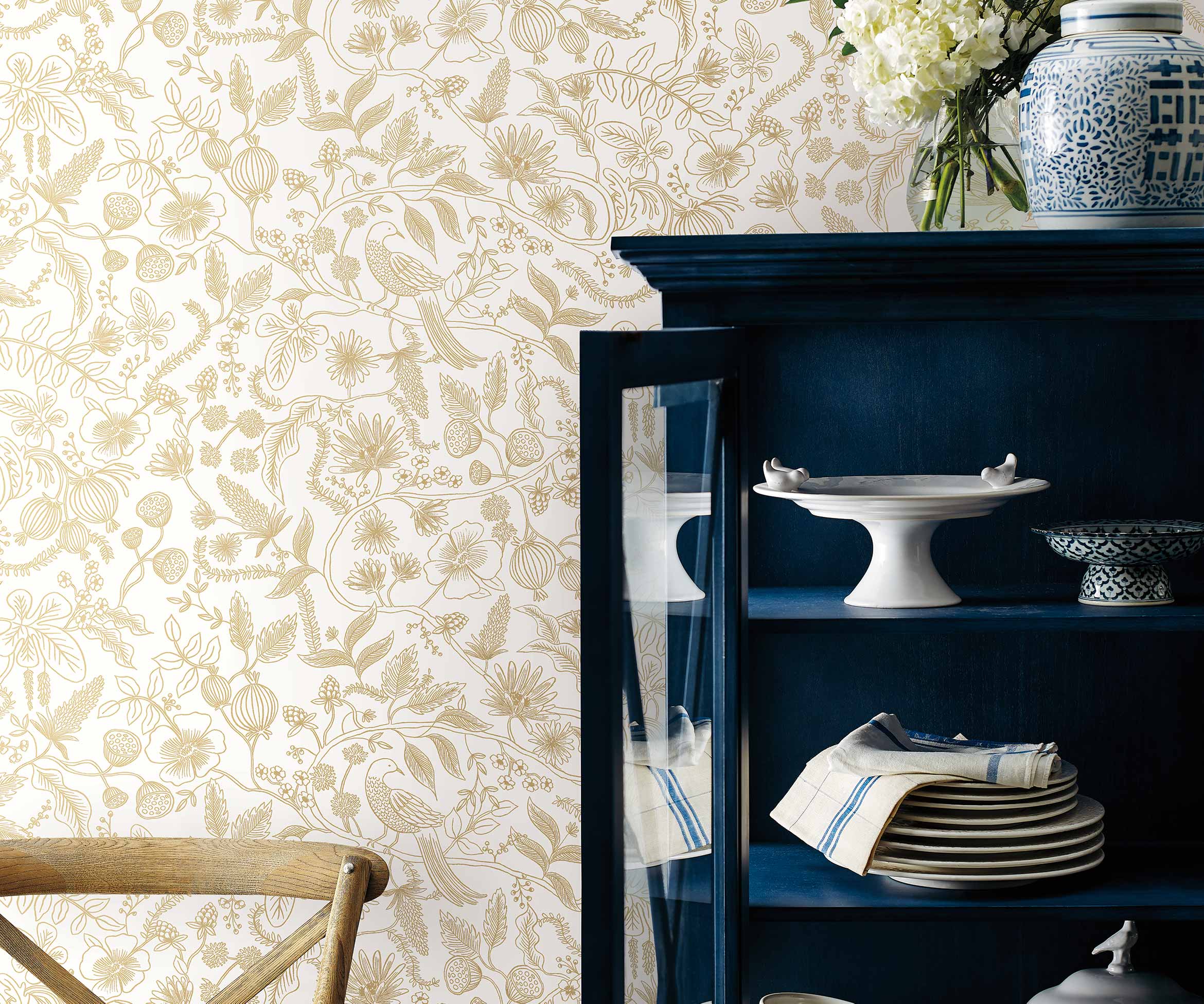 Aviary Peel & Stick Wallpaper Sample - Metallic Gold & Cream