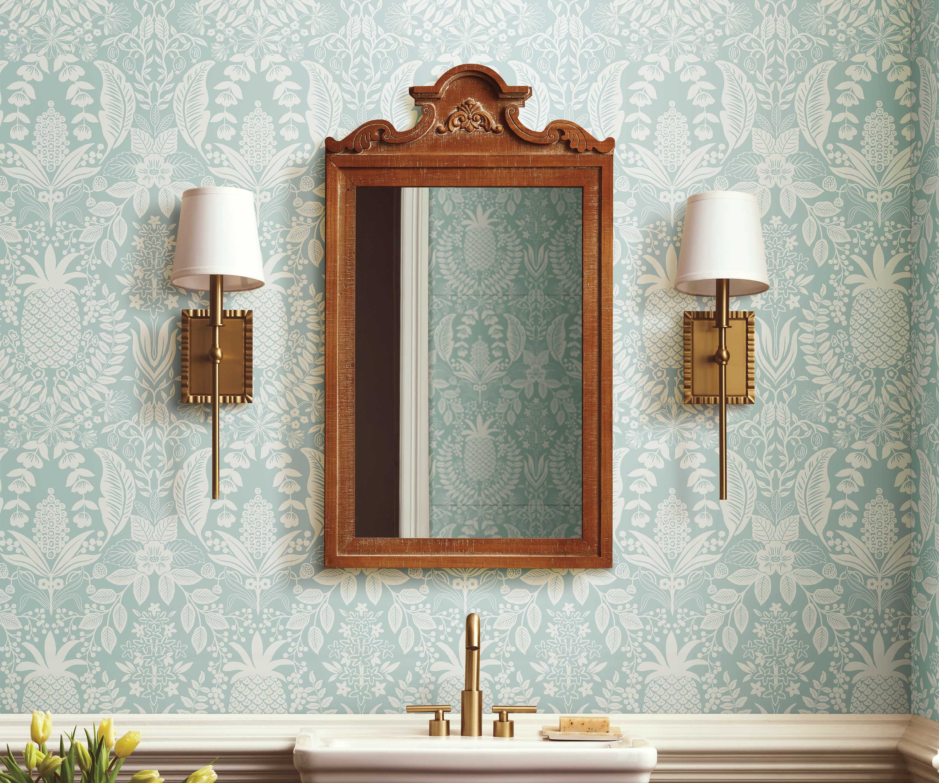 Pineapple Damask Wallpaper Sample - Light Blue