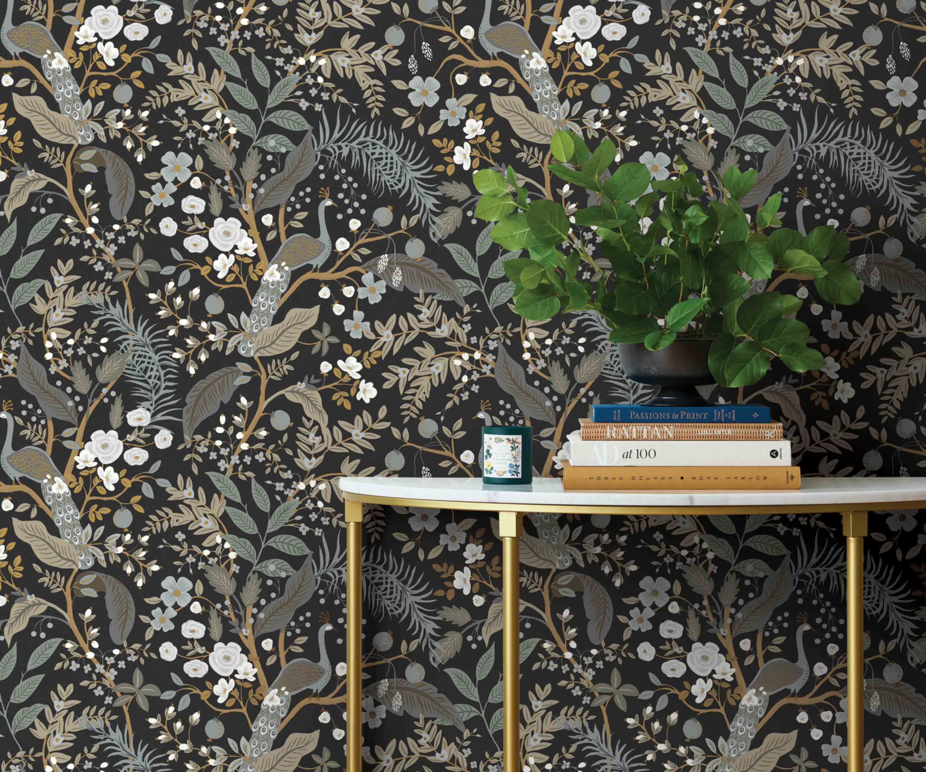 Peacock Garden Peel & Stick Wallpaper - Black