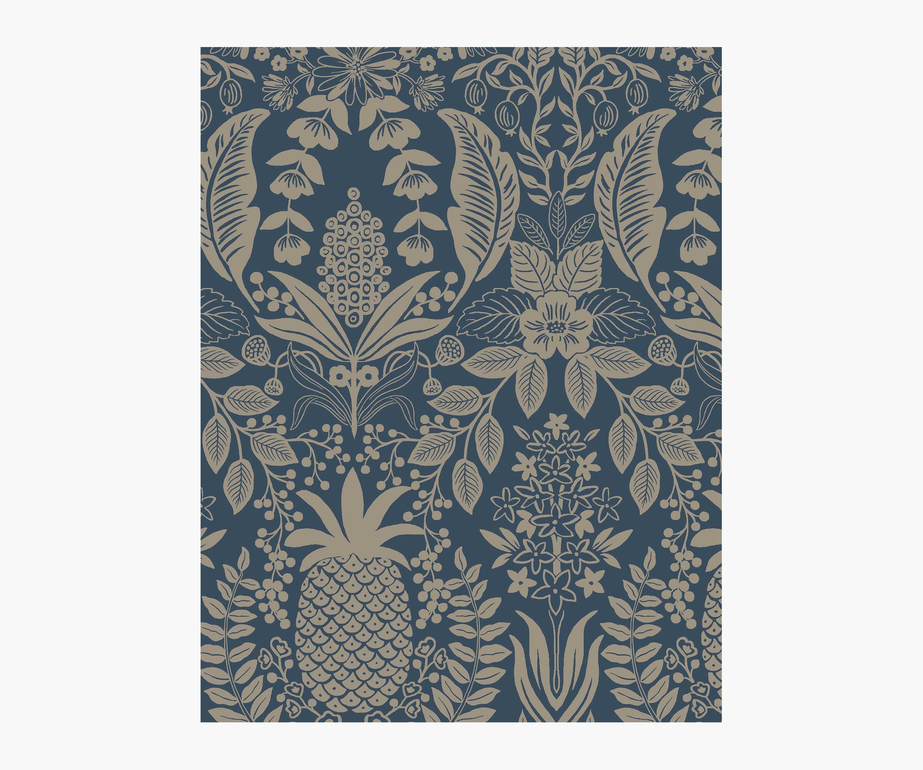 Pineapple Damask Wallpaper Sample - Navy