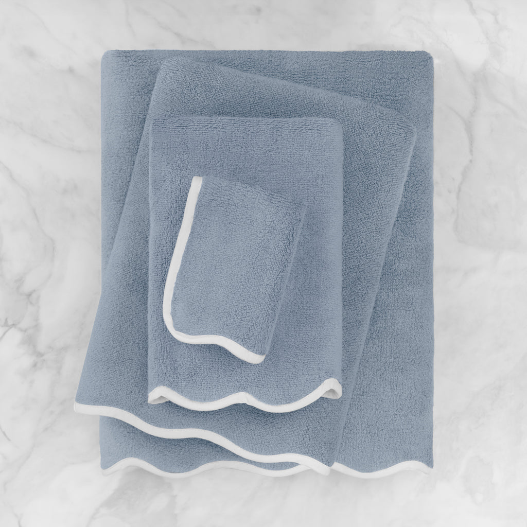 White Scalloped Plush Vista Blue Bath Sheet