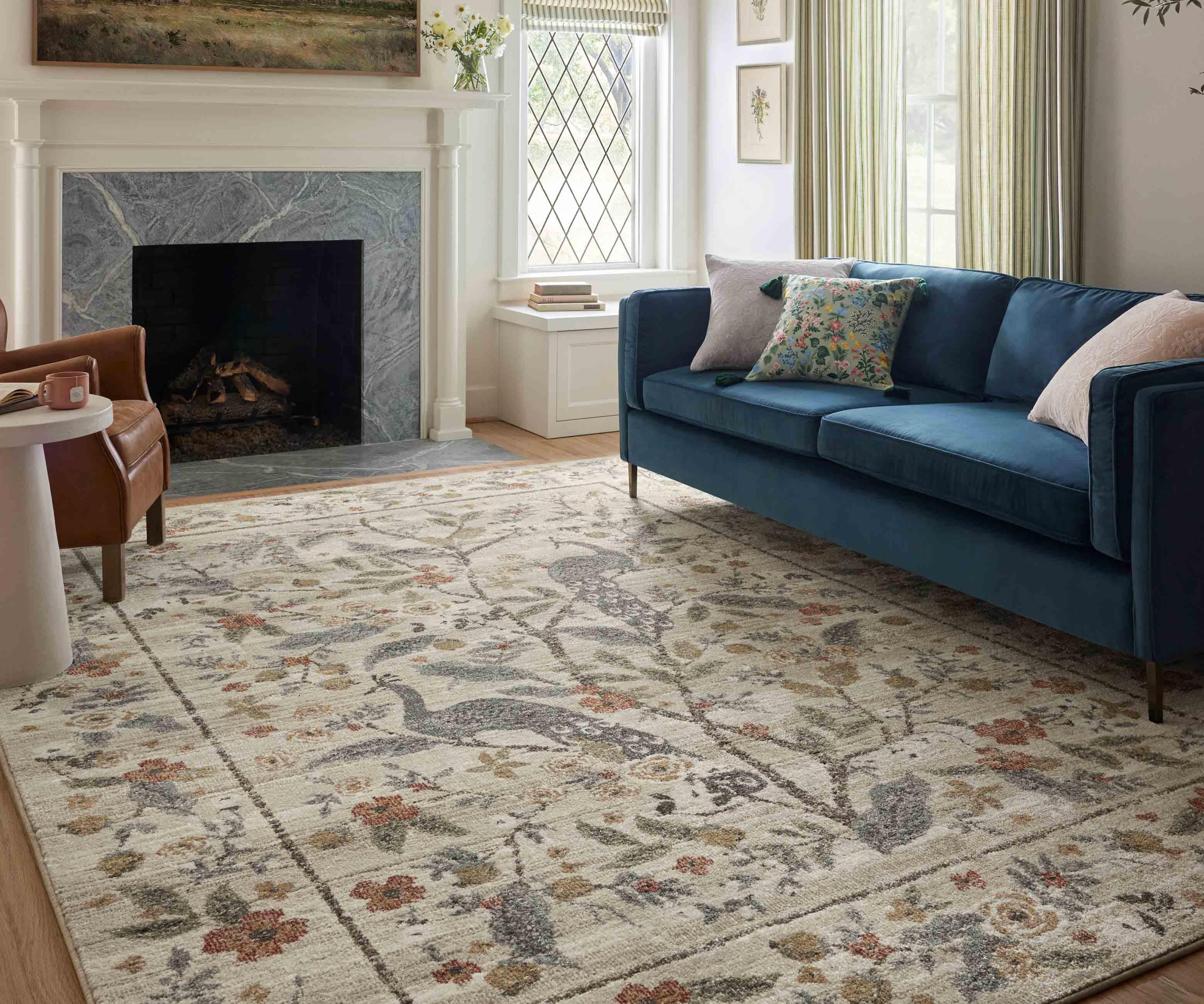 Laurel Peacock Garden Power Loomed Rug - Cream