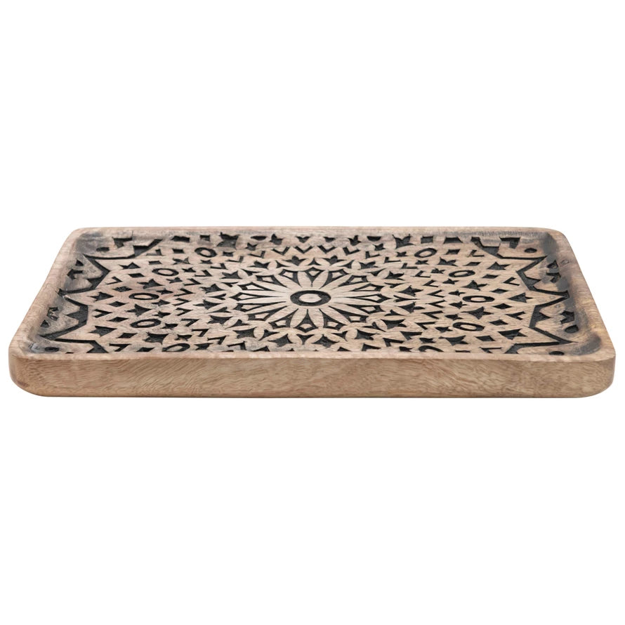 Hand-Carved Patterned Mango Wood Tray - 9.75 x 16