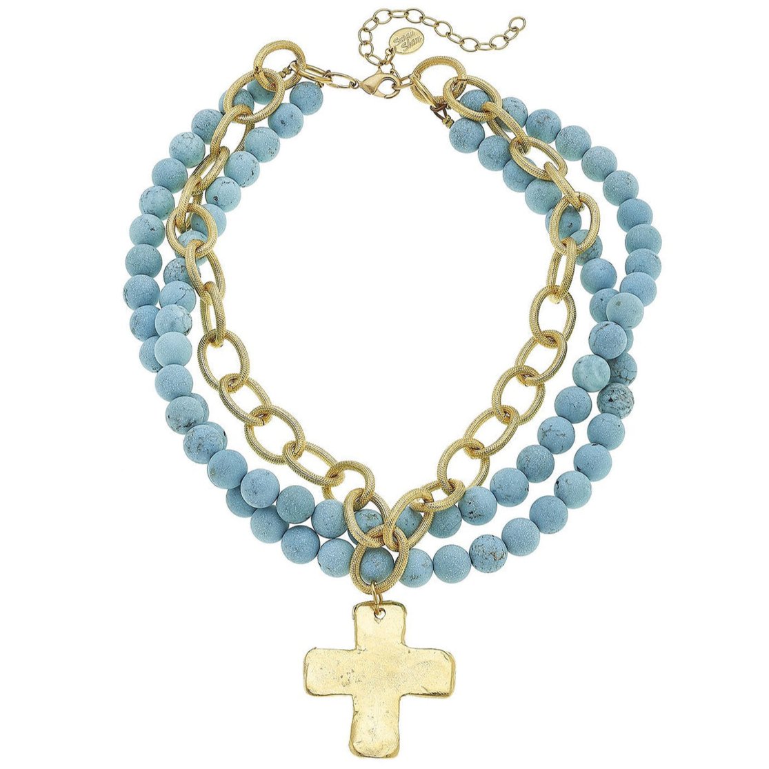 Susan Shaw Multi-Strand Matte Turquoise Gold Cross Necklace